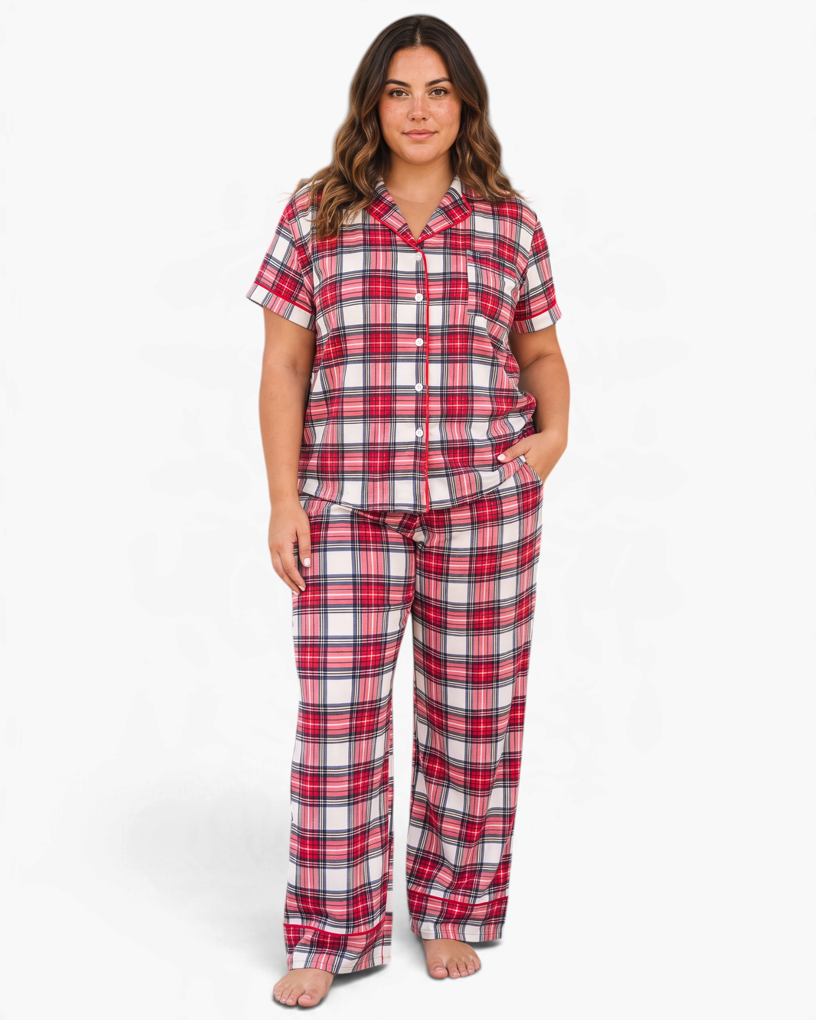 Beach Rose Co. plus size red plaid pajama set with short sleeve button-front shirt and full-length pants on a model.