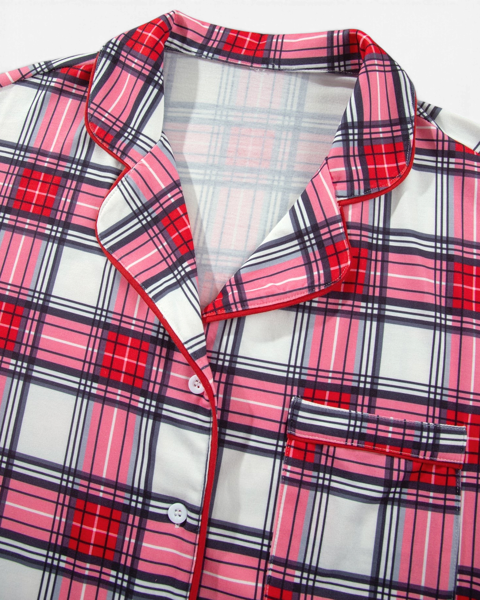 Beach Rose Co. plus size red plaid pajama shirt with a collared button-front design and contrasting red piping.