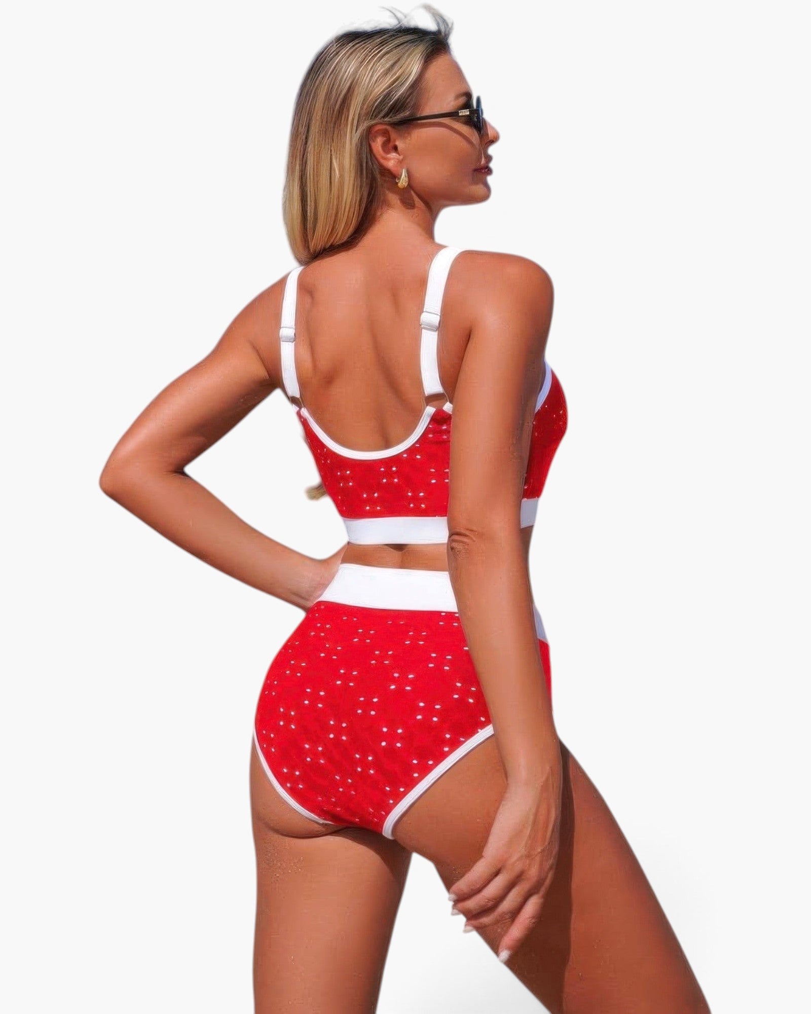 Beach Rose Co. red polka-dot high-waisted bikini set with white contrast trim and adjustable straps, back view.