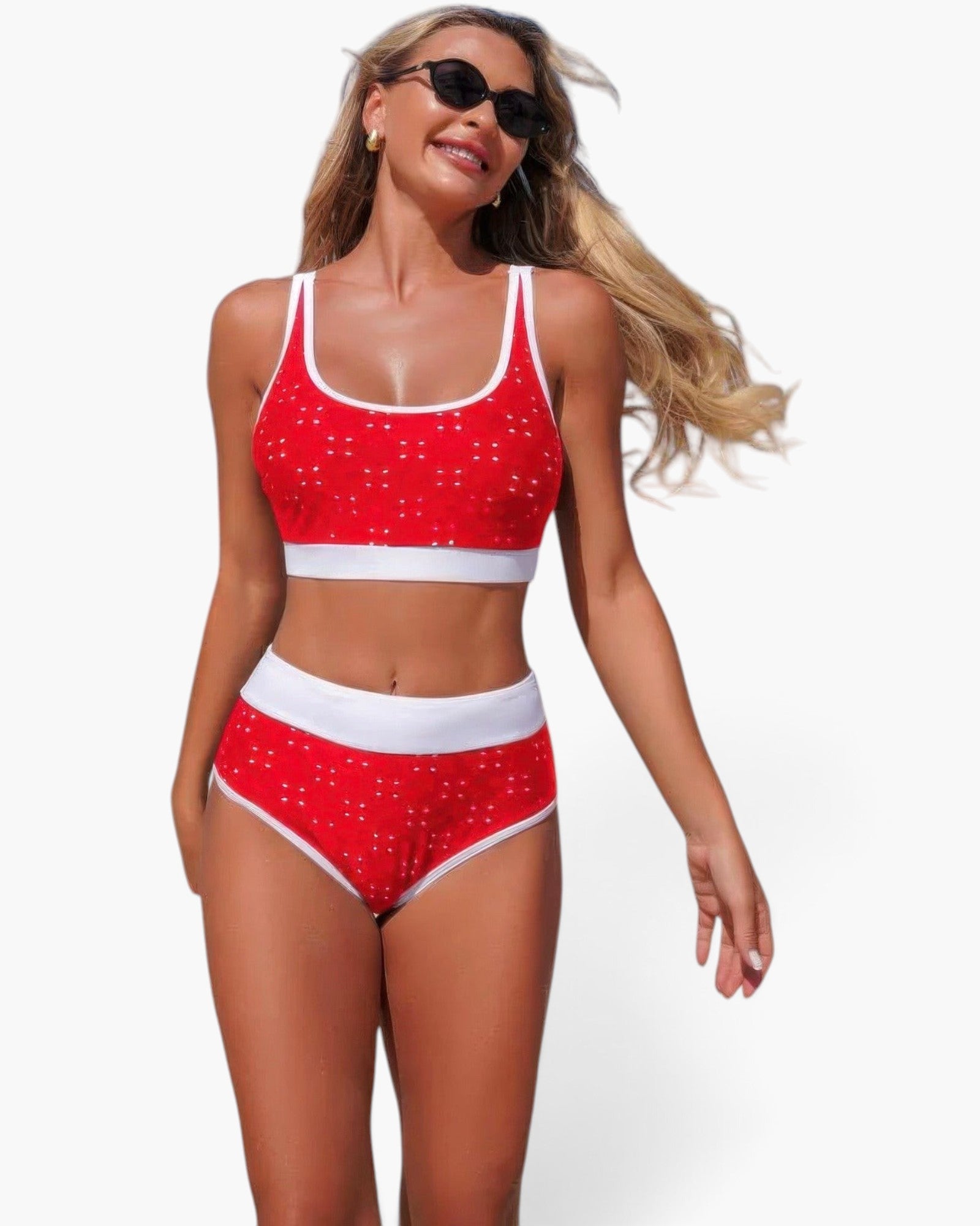 Beach Rose Co. red polka-dot high-waisted bikini set with white contrast trim worn by a smiling blonde woman