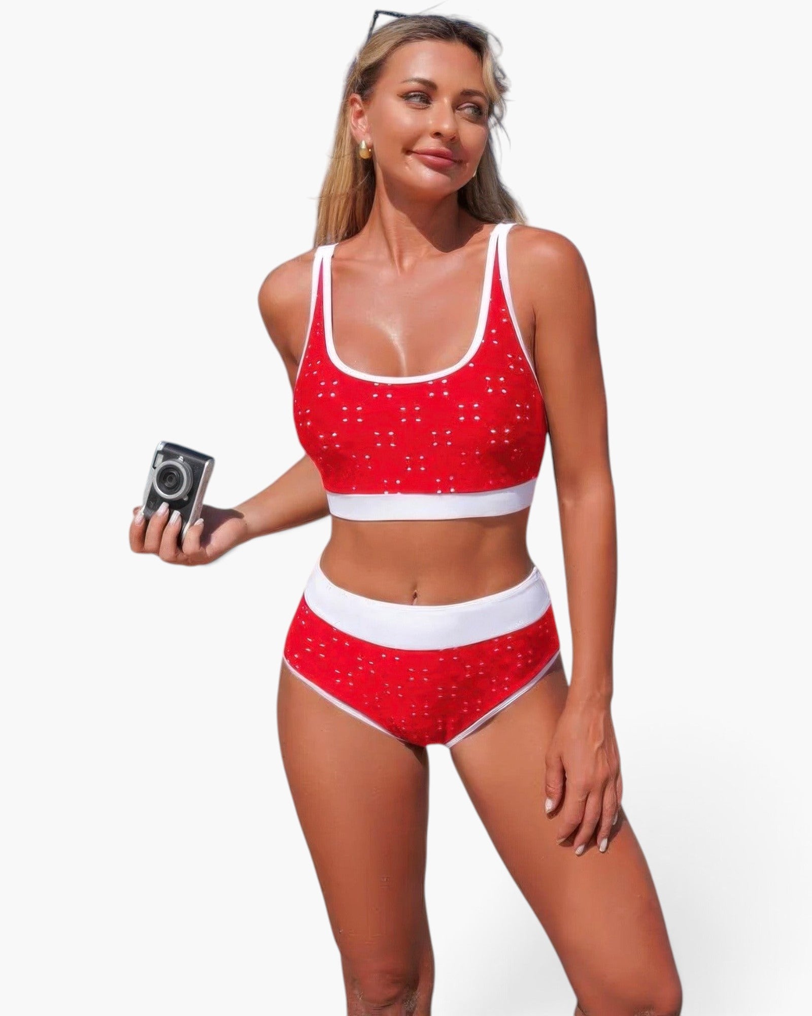 Beach Rose Co. red polka-dot high-waisted bikini set with white contrast trim and scoop-neck top on a model.
