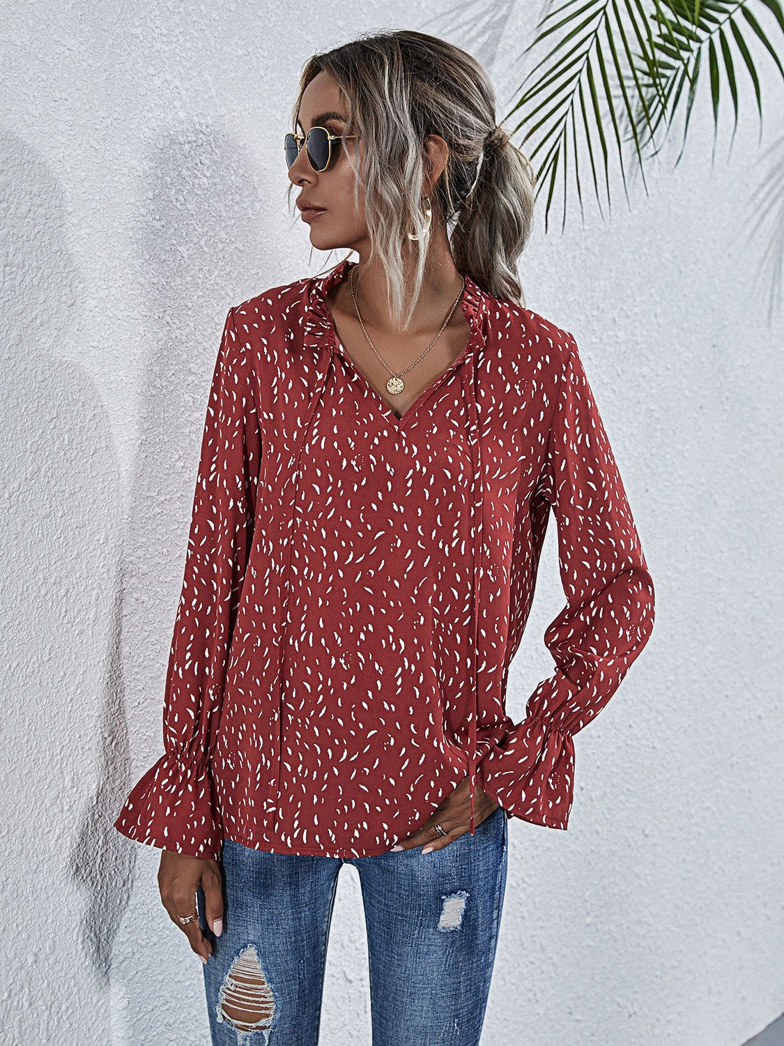 Beach Rose Co. - Red Printed Ruffle Tie Neck Top