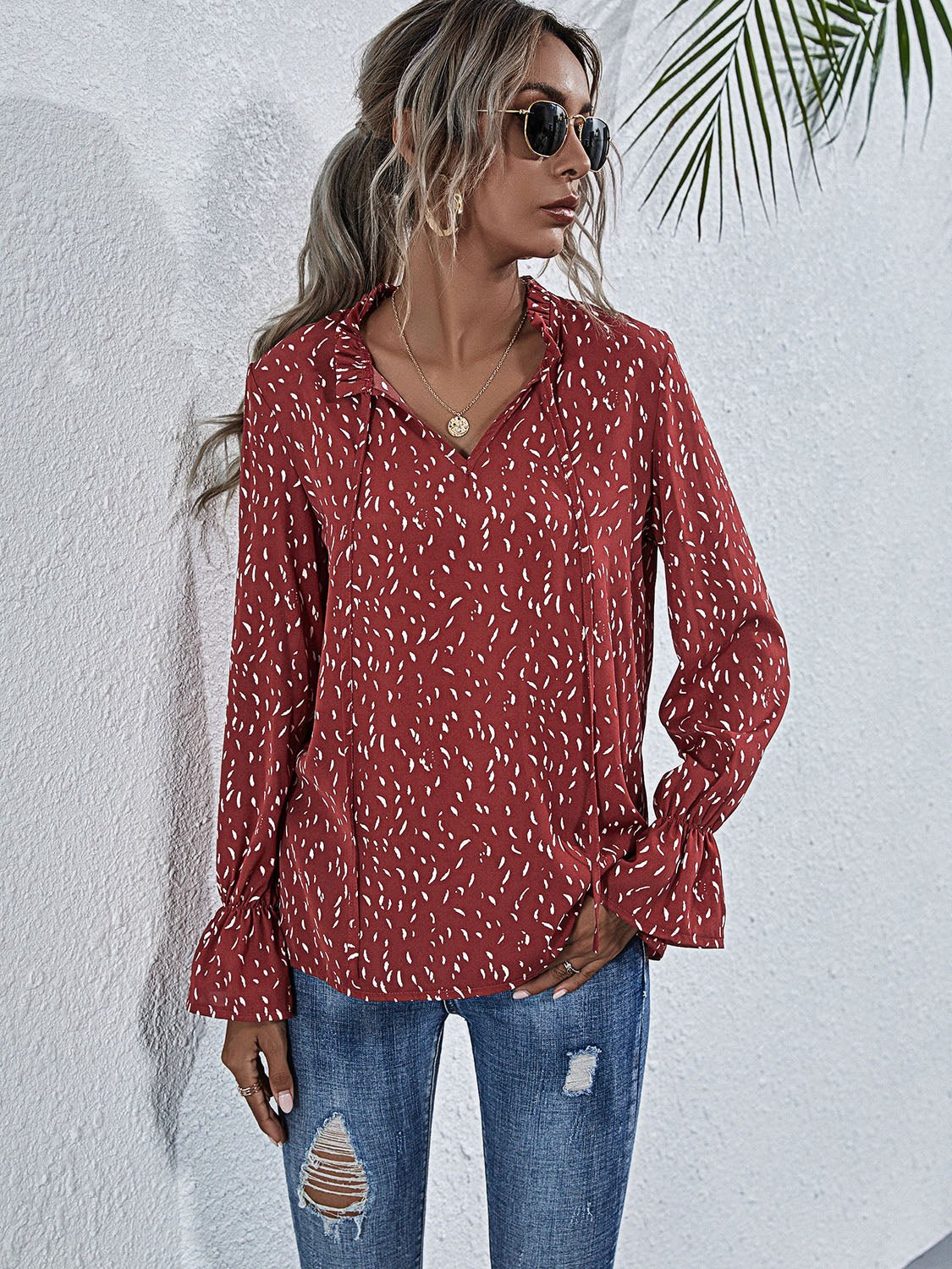 Beach Rose Co. - Red Printed Ruffle Tie Neck Top