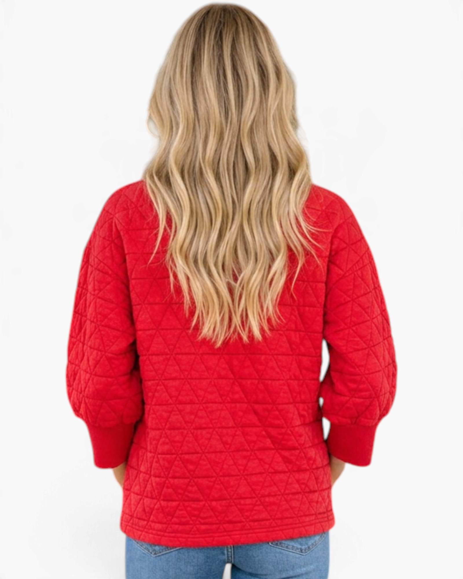 Beach Rose Co. red quilted crewneck sweatshirt with geometric texture and ribbed cuffs, back view on a woman.