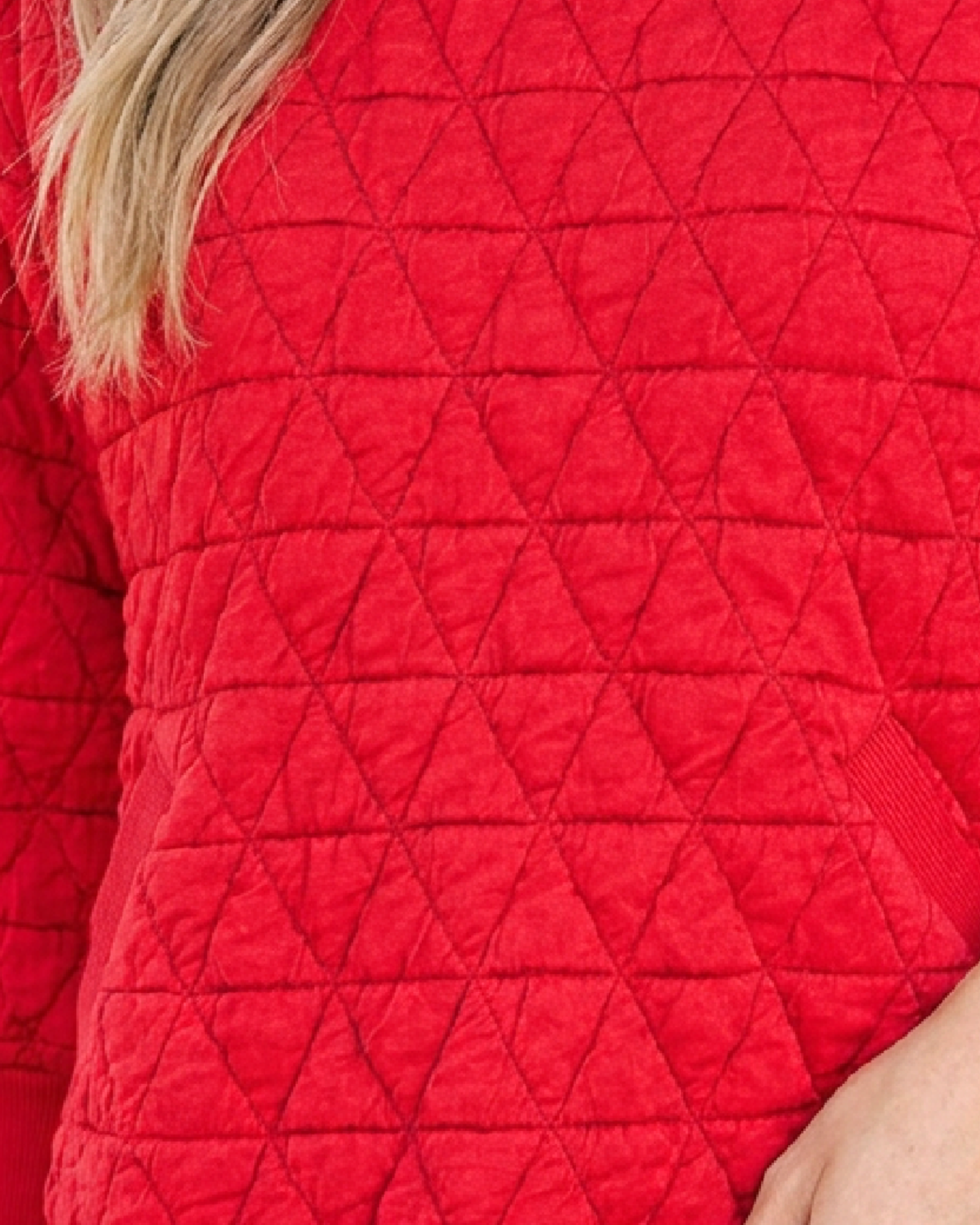Beach Rose Co. red crewneck sweatshirt with geometric quilted texture and side pockets