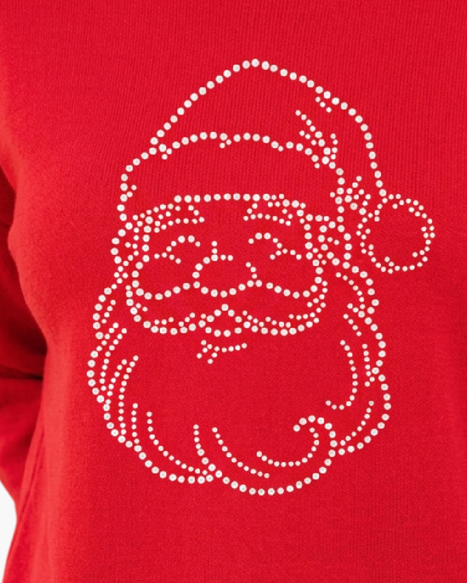 Beach Rose Co. red crewneck sweatshirt featuring a sparkling rhinestone Santa face design for the holiday season.