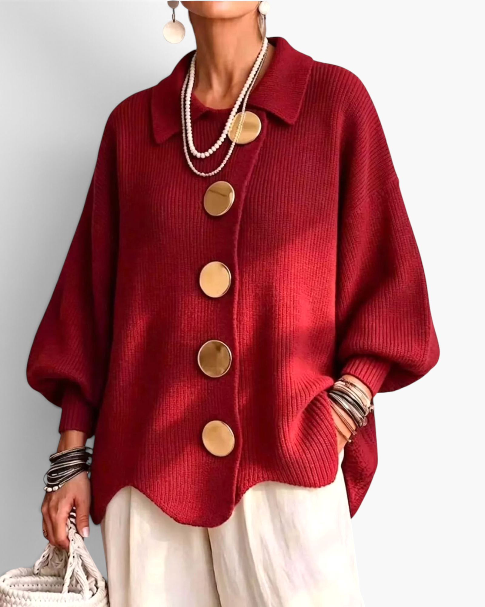 Beach Rose Co. red ribbed knit cardigan with oversized gold buttons, balloon sleeves, and a scalloped hem.