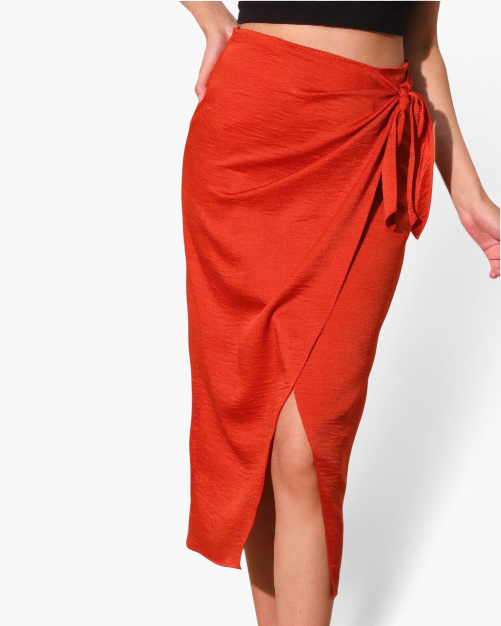 Beach Rose Co. red washed satin crepe midi skirt with a side wrap tie closure and a subtle sheen