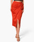 Beach Rose Co. red washed satin crepe midi skirt with a side wrap tie closure and a flattering front slit.