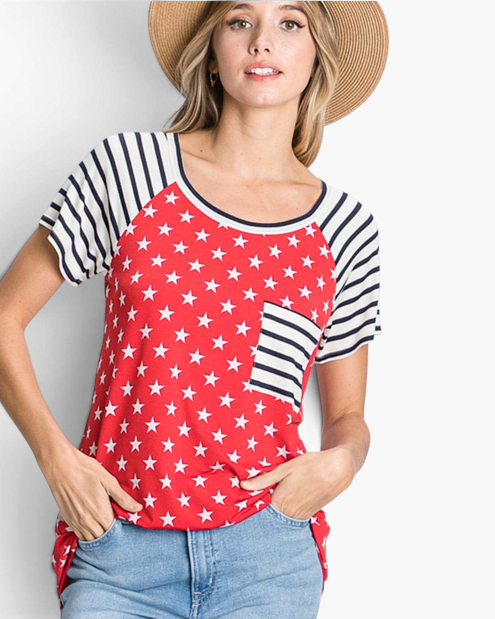 Beach Rose Co. red top with white star print, black and white striped raglan sleeves, and a matching chest pocket.