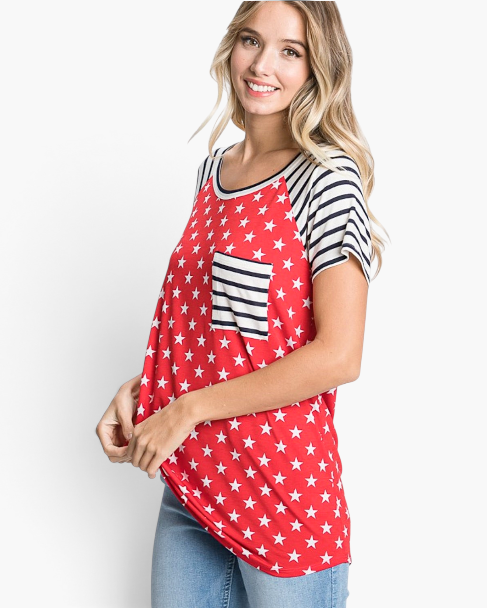 Beach Rose Co. red top with white star print, black and white striped raglan sleeves, and a matching chest pocket.