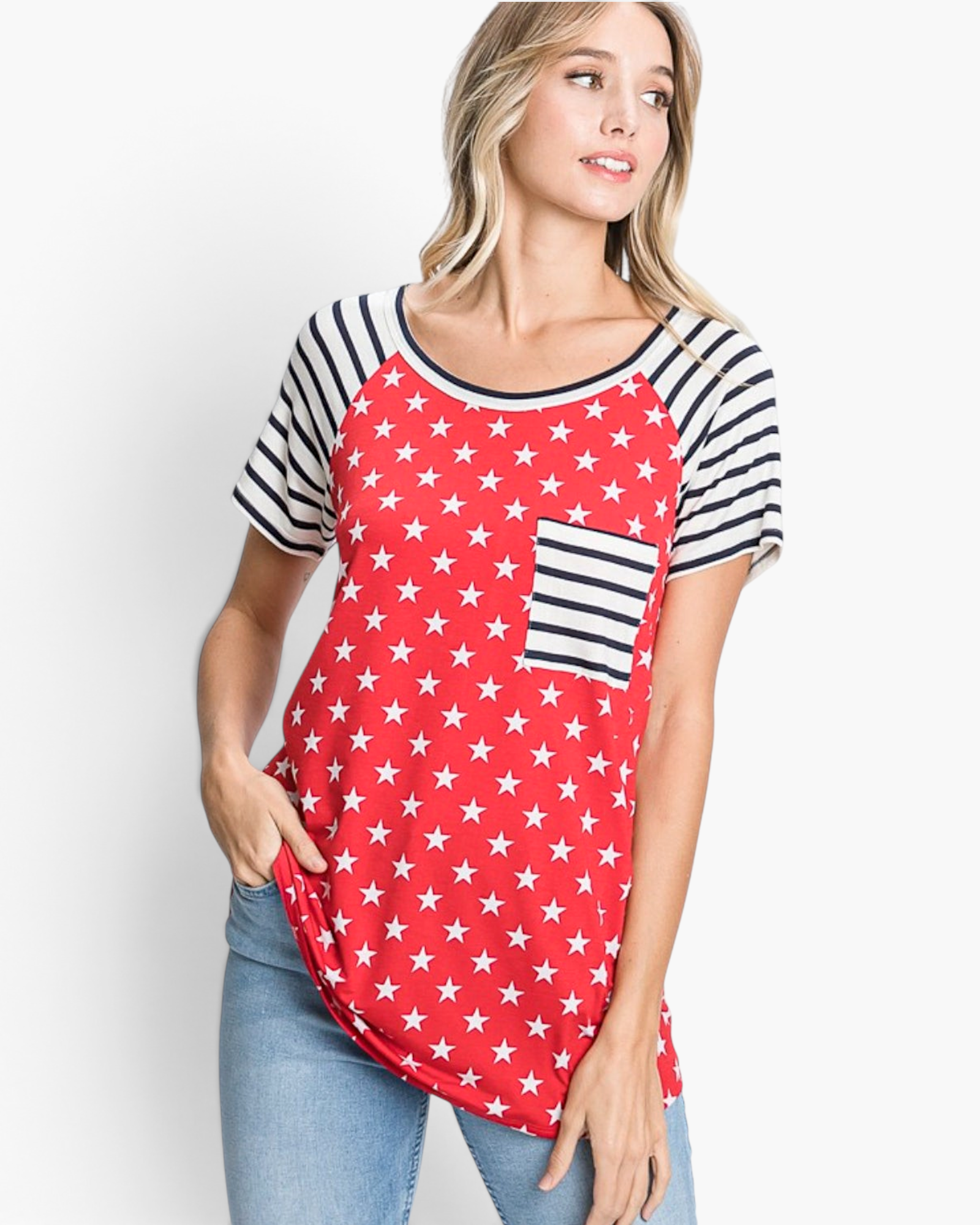 Beach Rose Co. red top with white star print, black and white striped raglan sleeves, and a matching chest pocket.
