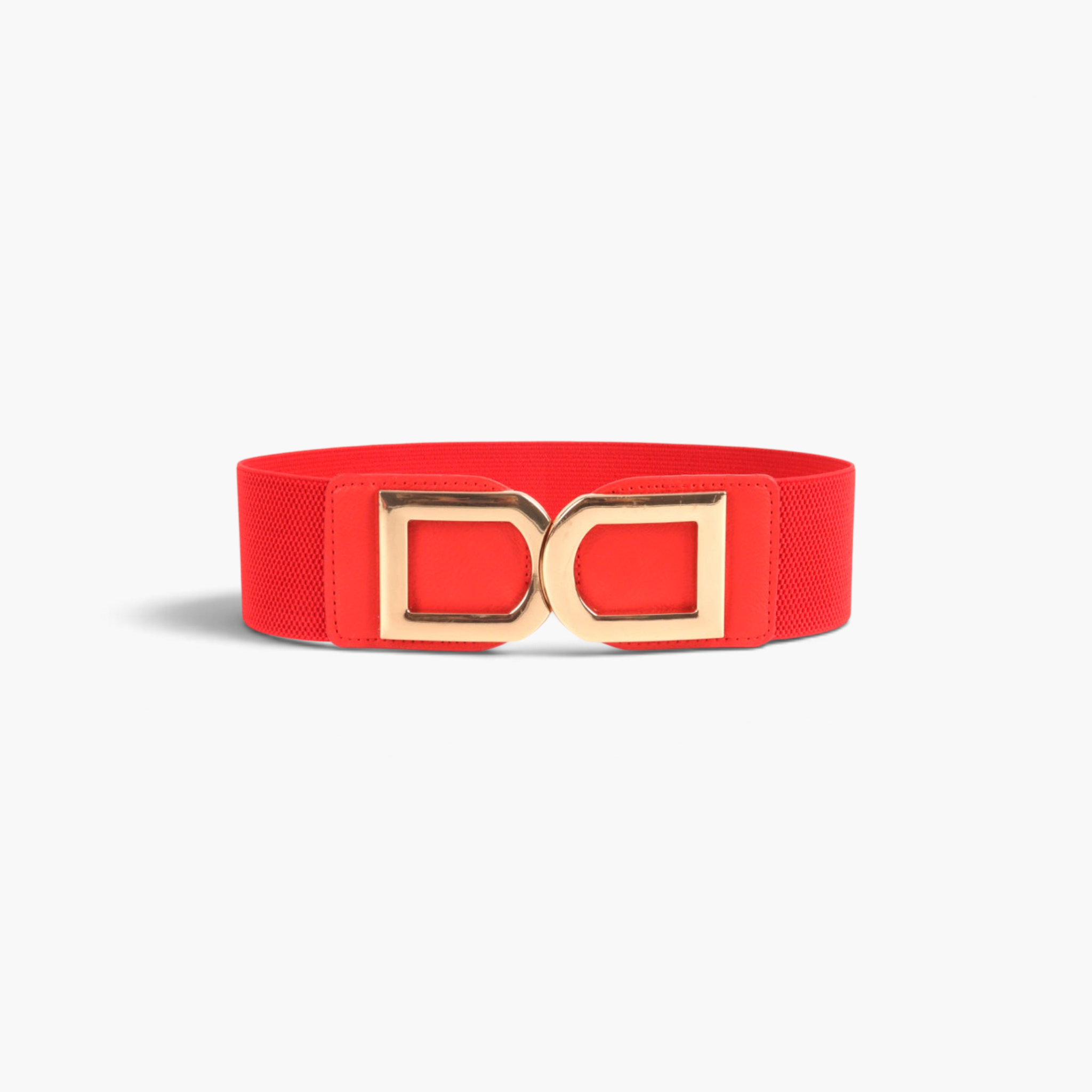 Beach Rose Co. red wide stretch waist belt with a polished gold-tone double-D alloy buckle and PU front tabs.