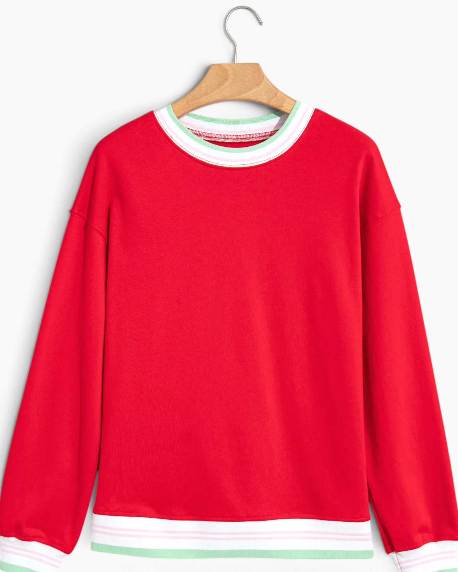 Beach Rose Co. red crewneck sweatshirt with white and green striped trim on the neckline, cuffs, and hem.