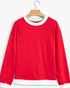 Beach Rose Co. red crewneck sweatshirt with white and green striped trim on the neckline, cuffs, and hem.