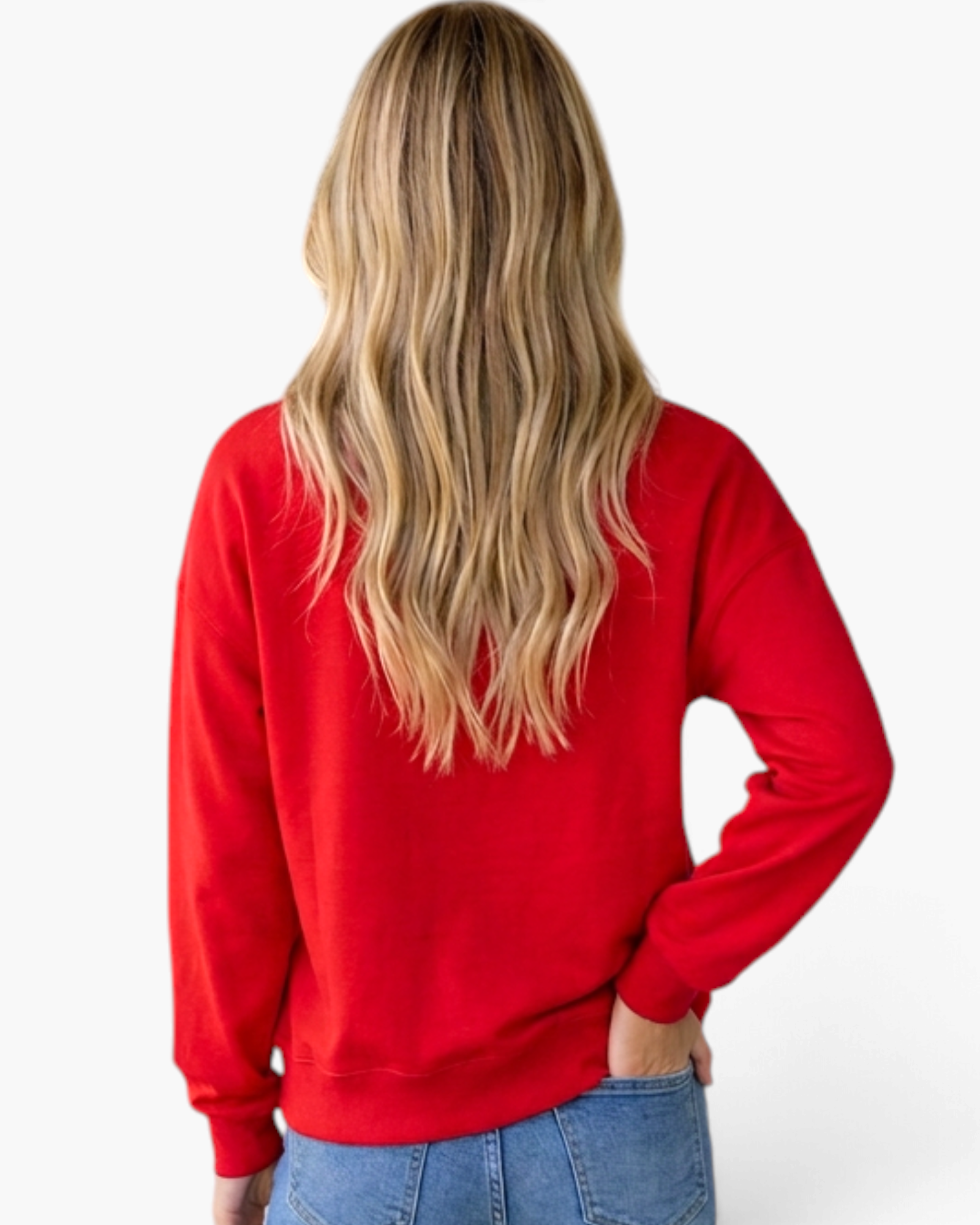Beach Rose Co. red long-sleeve sweatshirt with a relaxed fit worn by a blonde woman, back view
