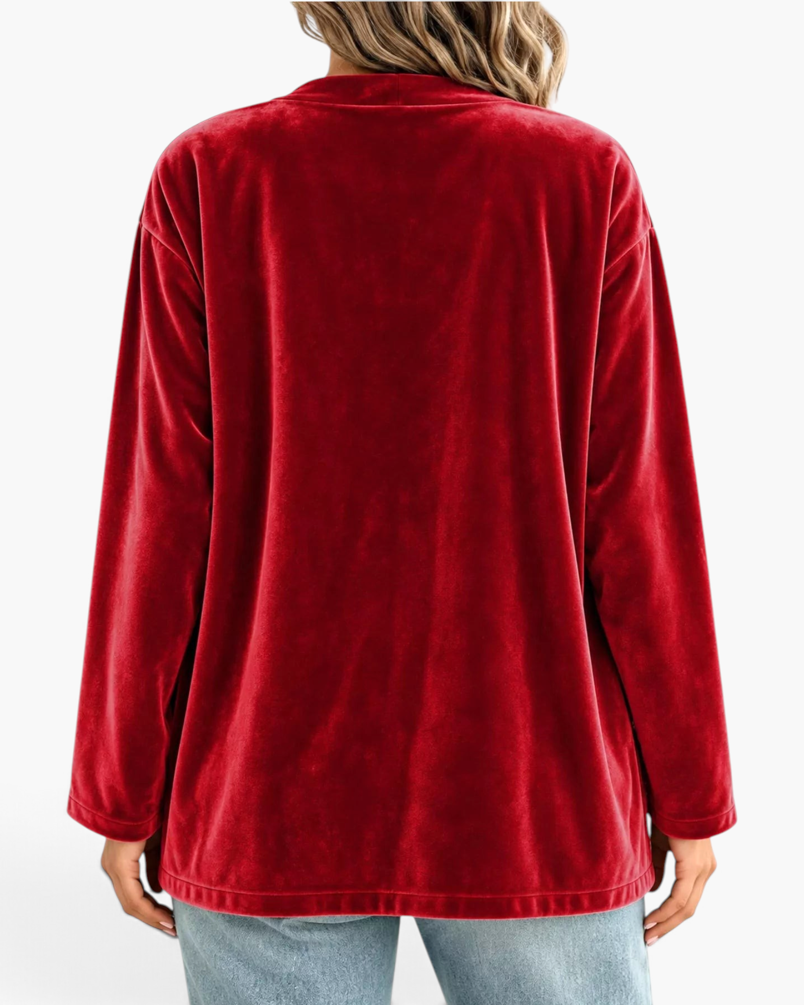 Beach Rose Co. red velour cardigan with a relaxed fit and long sleeves, shown from the back view.