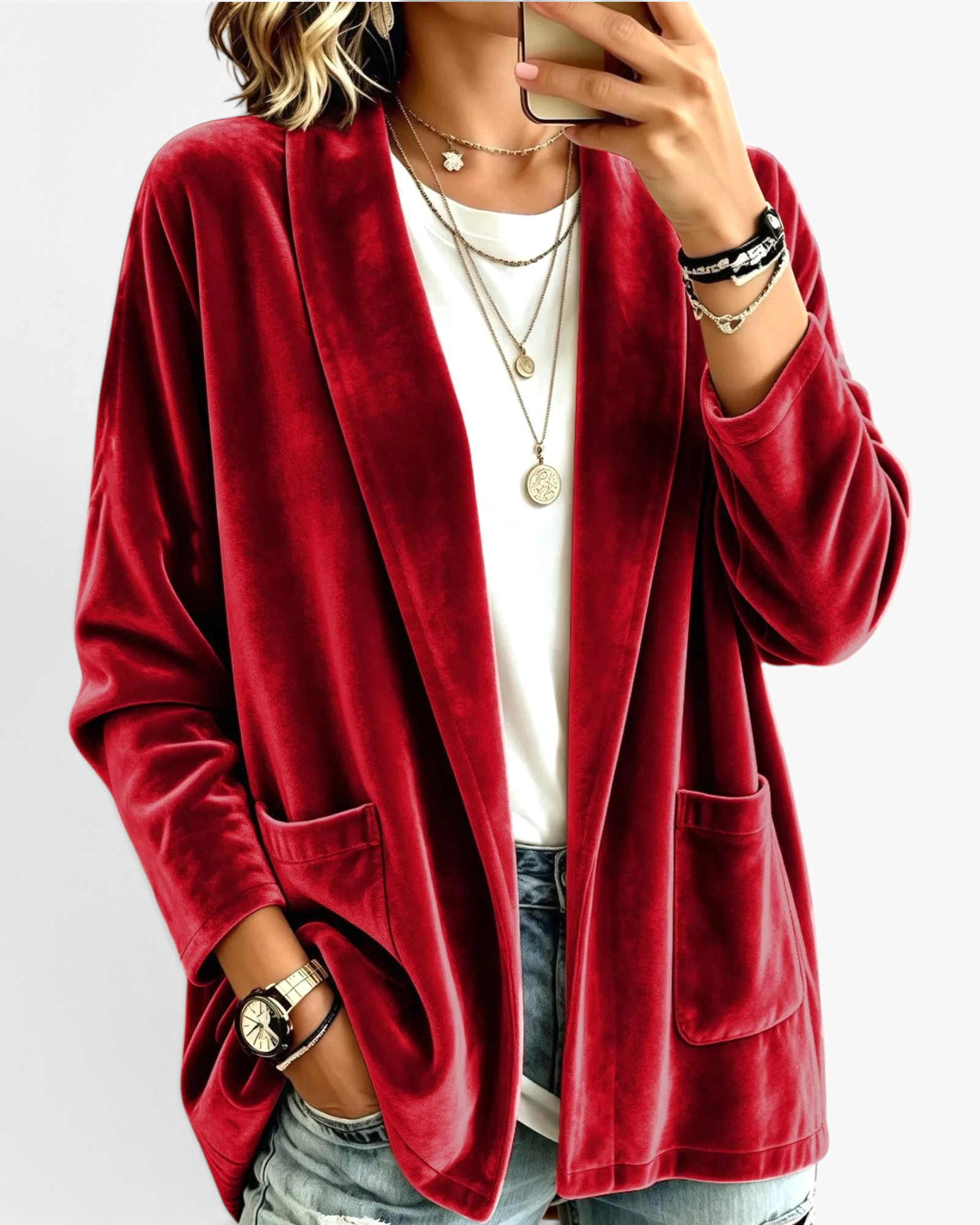 Beach Rose Co. red velour open-front cardigan with patch pockets and relaxed fit worn over a white tee and jeans
