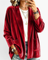 Beach Rose Co. red velour open-front cardigan with patch pockets and relaxed fit worn over a white tee and jeans