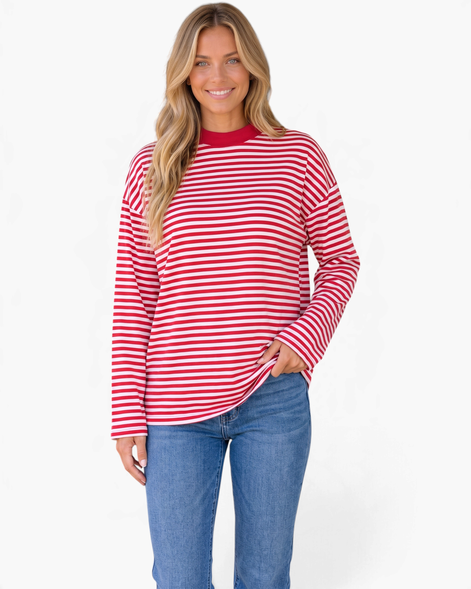 Beach Rose Co. red and white horizontal striped long sleeve top with a solid crewneck worn with blue jeans