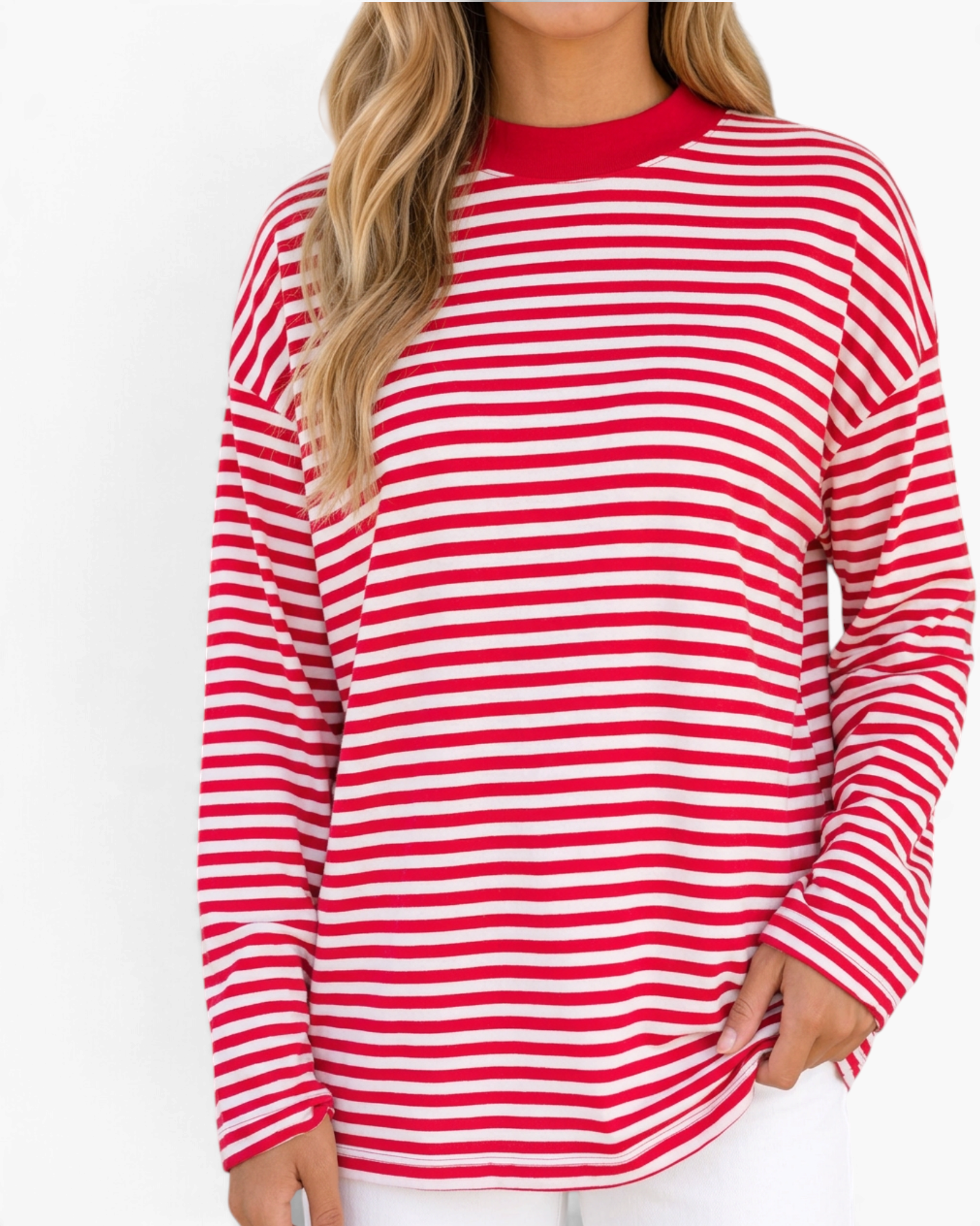 Beach Rose Co. red and white horizontal striped long sleeve top with a solid crewneck and relaxed fit.