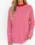 Beach Rose Co. red and white horizontal striped long sleeve top with a solid crewneck and relaxed fit.