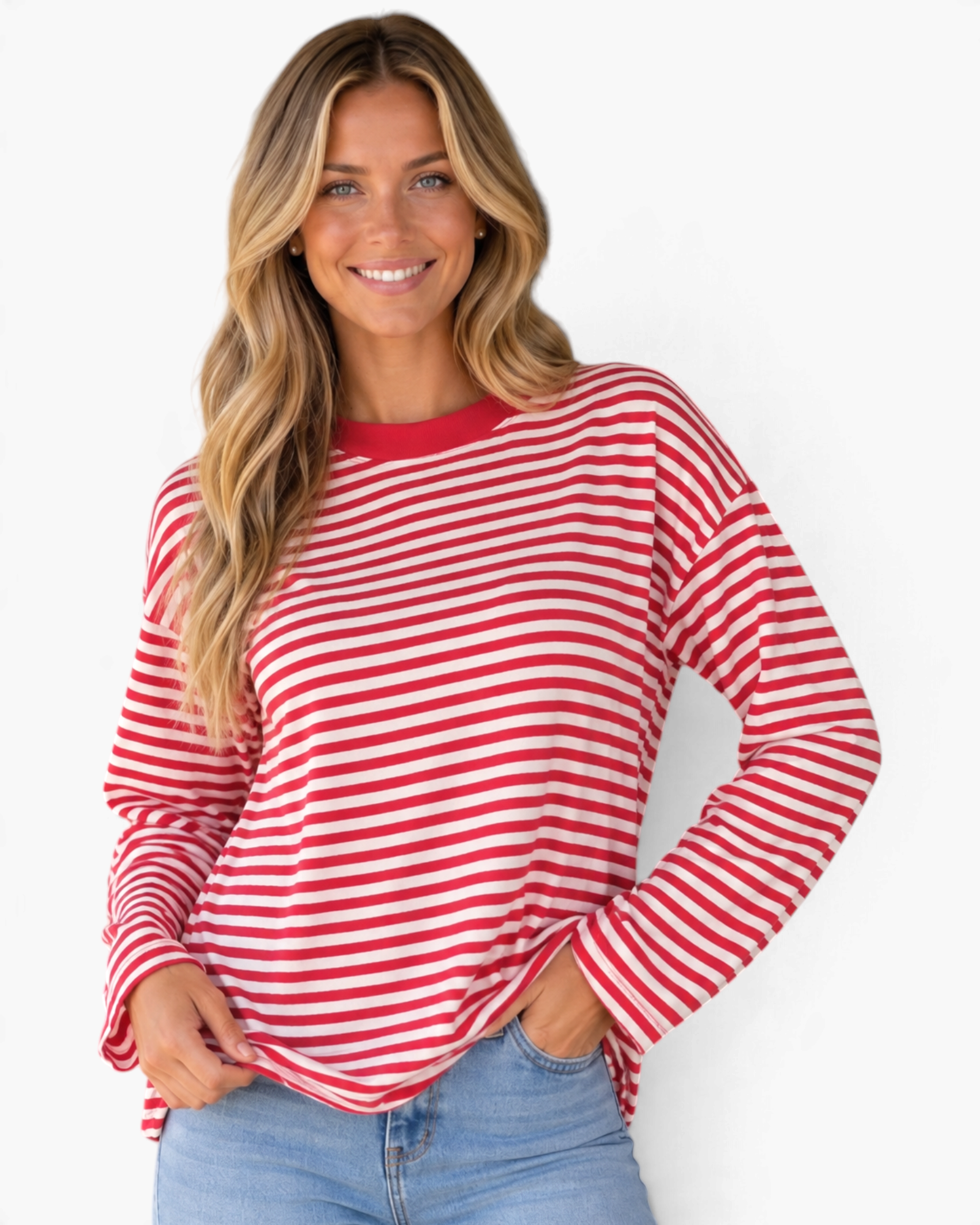 Beach Rose Co. model wearing a red and white horizontal striped long sleeve cotton top with a solid crew neckline.