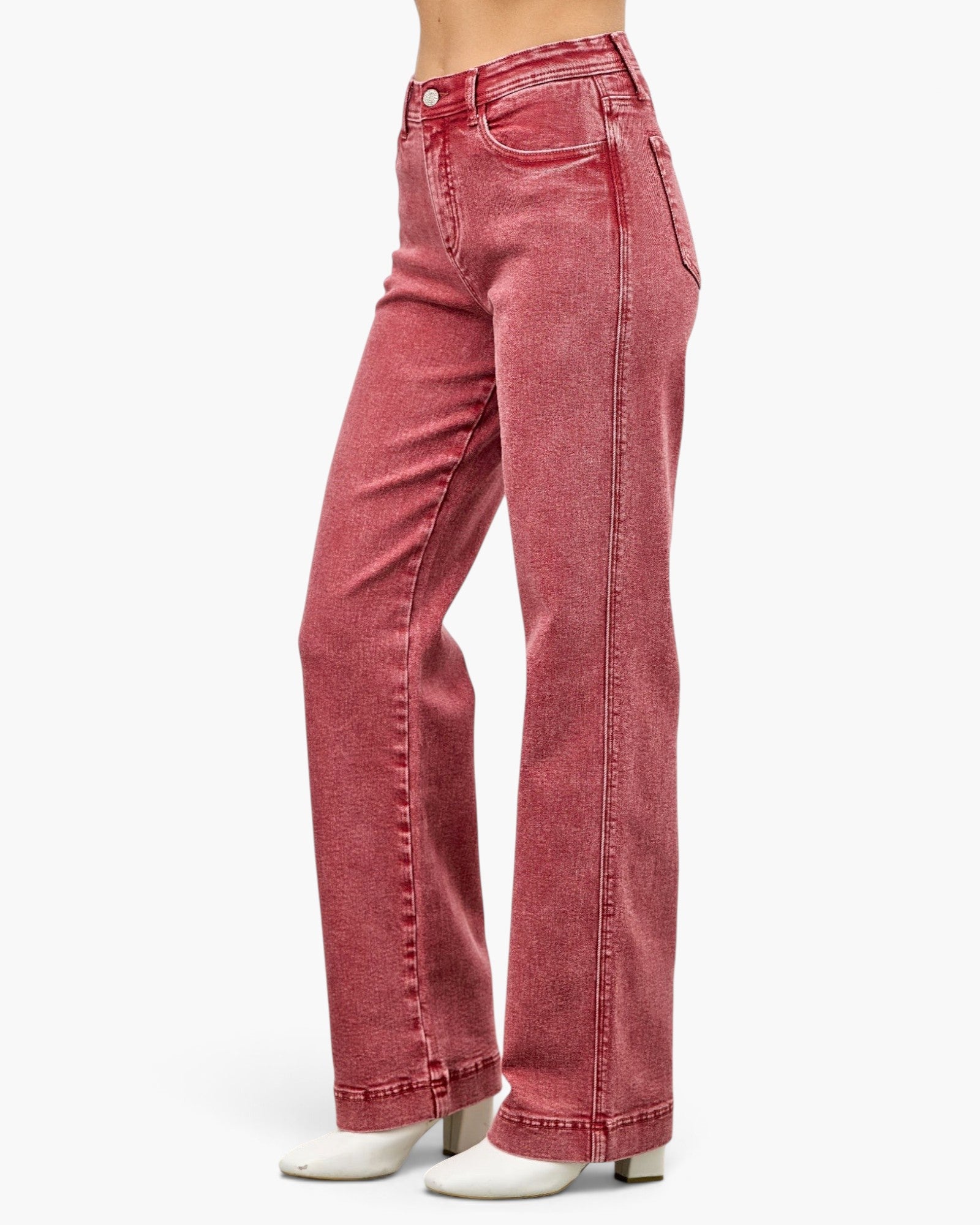 Beach Rose Co. high rise slim wide straight jeans in washed red stretch denim with a clean ankle-length hem.