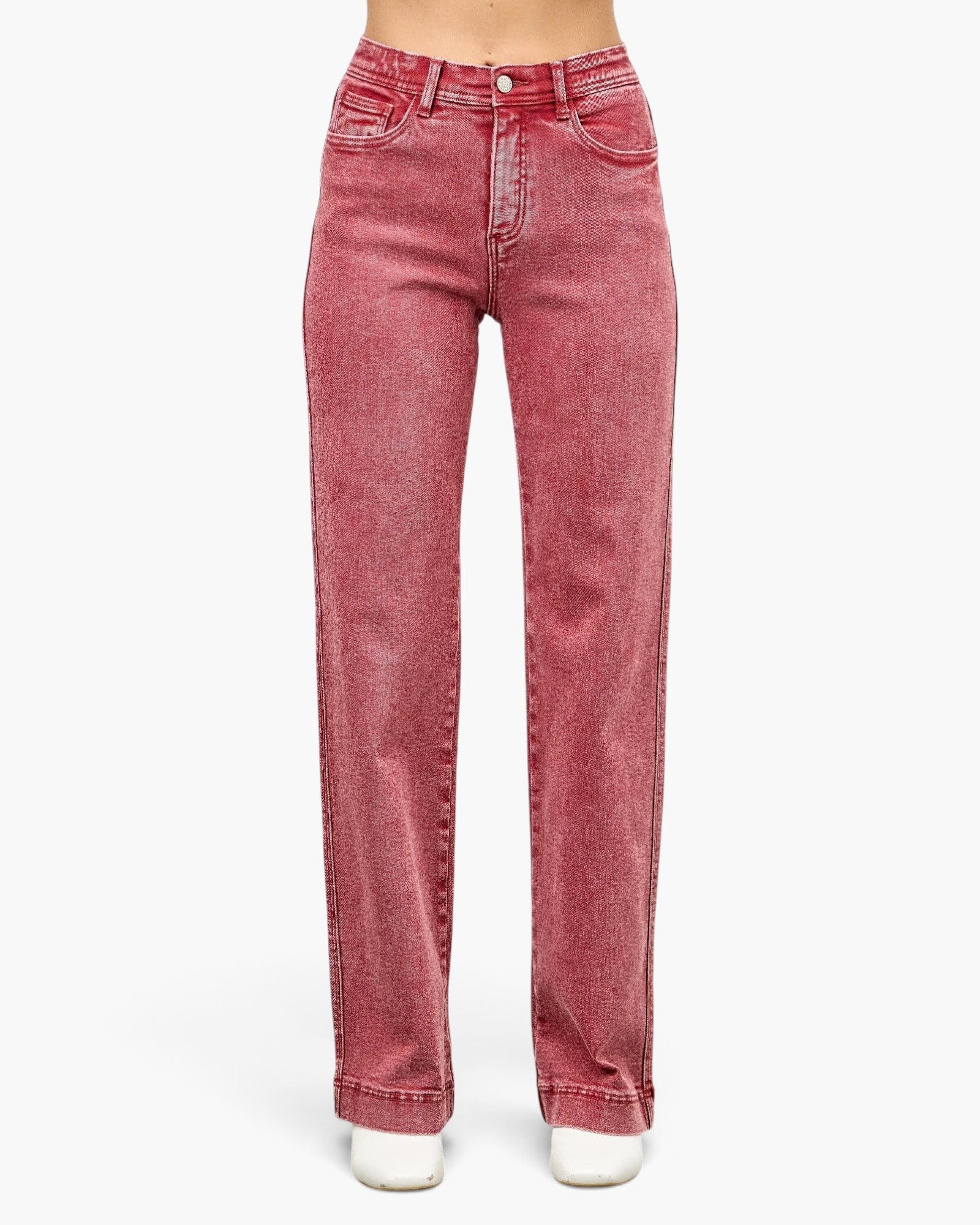 Beach Rose Co. high-rise slim wide straight jeans in a faded red stretch denim with a clean ankle-length hem.