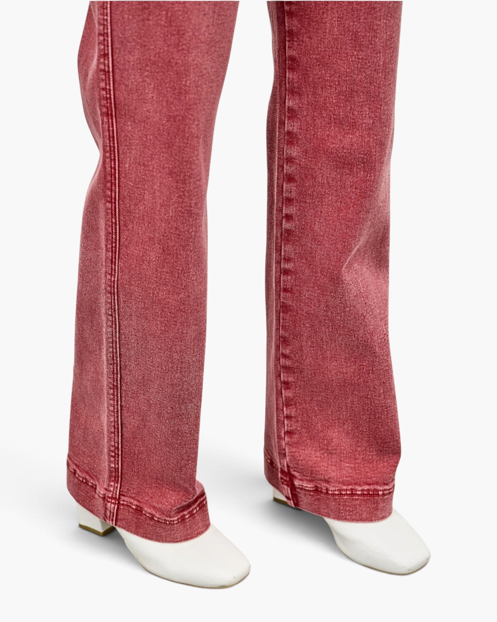 Beach Rose Co. high-rise slim wide straight jeans in a faded red stretch denim with a clean ankle-length hem.