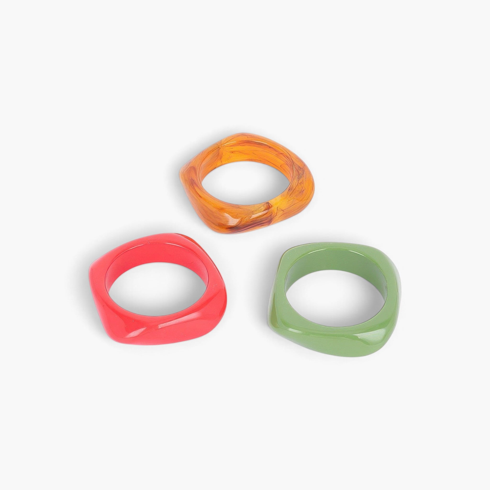 Beach Rose Co. 3-pack of glossy resin bangles in red, green, and marbled orange with a square-shaped design.