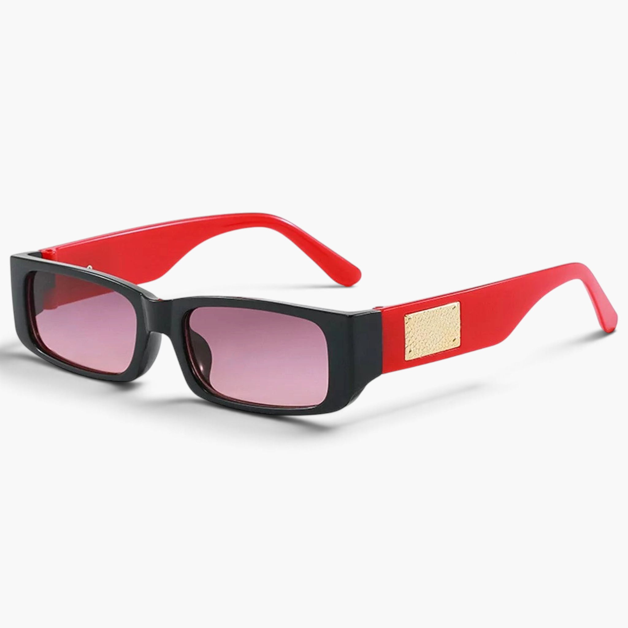 Beach Rose Co. retro rectangular sunglasses with black frames, red temples, and textured gold accents.