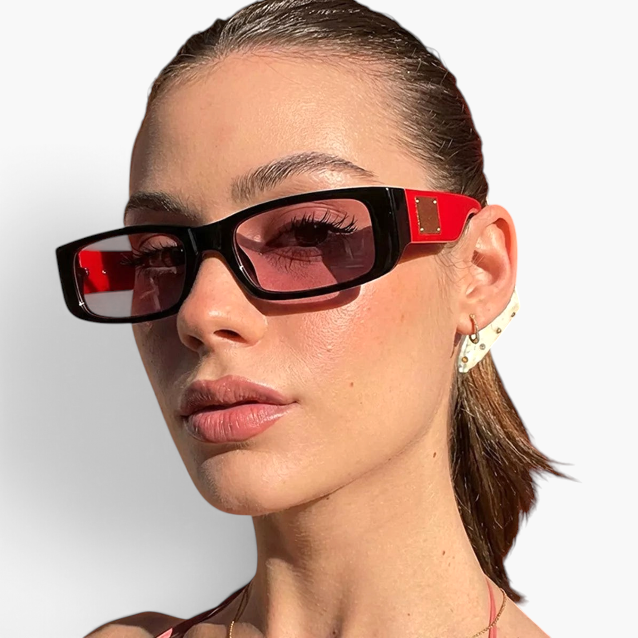 Beach Rose Co. retro rectangular sunglasses with black and red frames, tinted lenses, and gold temple accents on model