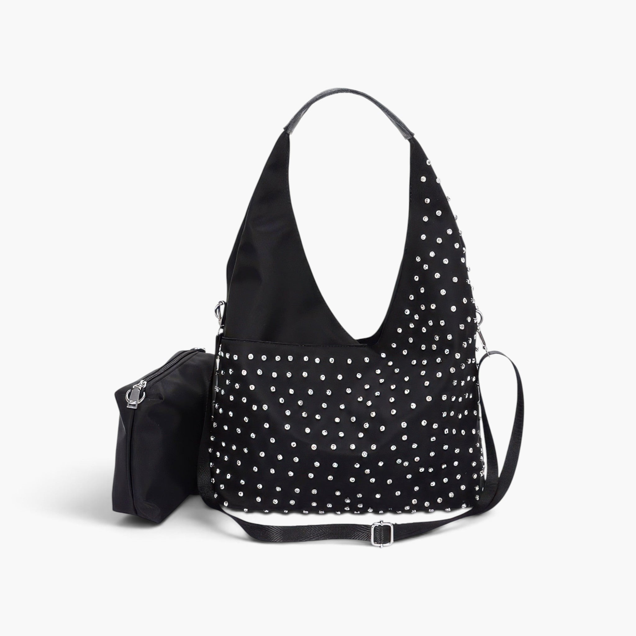 Beach Rose Co. black polyurethane bindle bag with rhinestone studs and matching purse on a white background