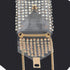 Beach Rose Co. clear PVC belt bag featuring shimmering rhinestones and a gold-tone chain strap on a black background.
