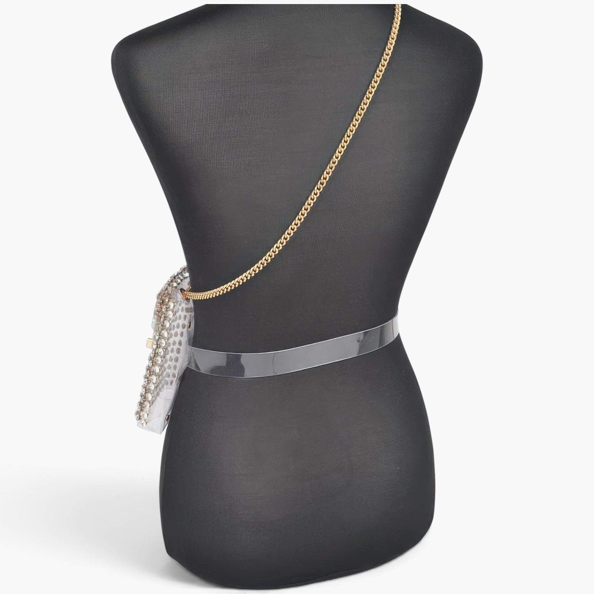 Beach Rose Co. clear PVC belt bag adorned with shimmering rhinestones and a gold chain strap on a black mannequin