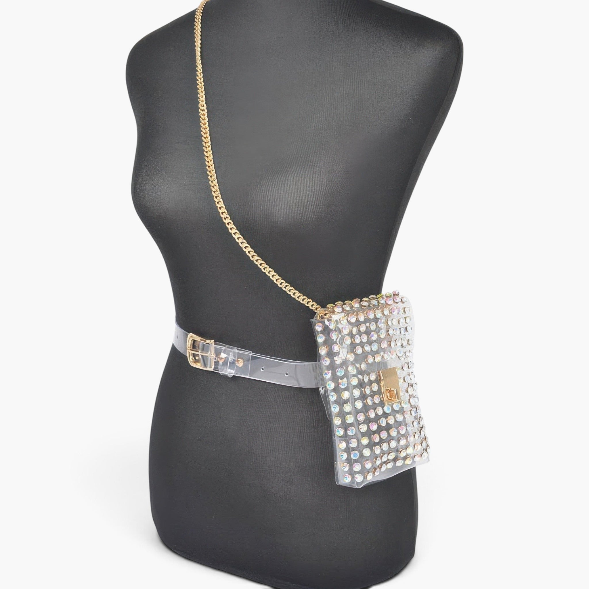 Beach Rose Co. clear PVC belt bag featuring shimmering rhinestones and a gold chain strap on a black mannequin