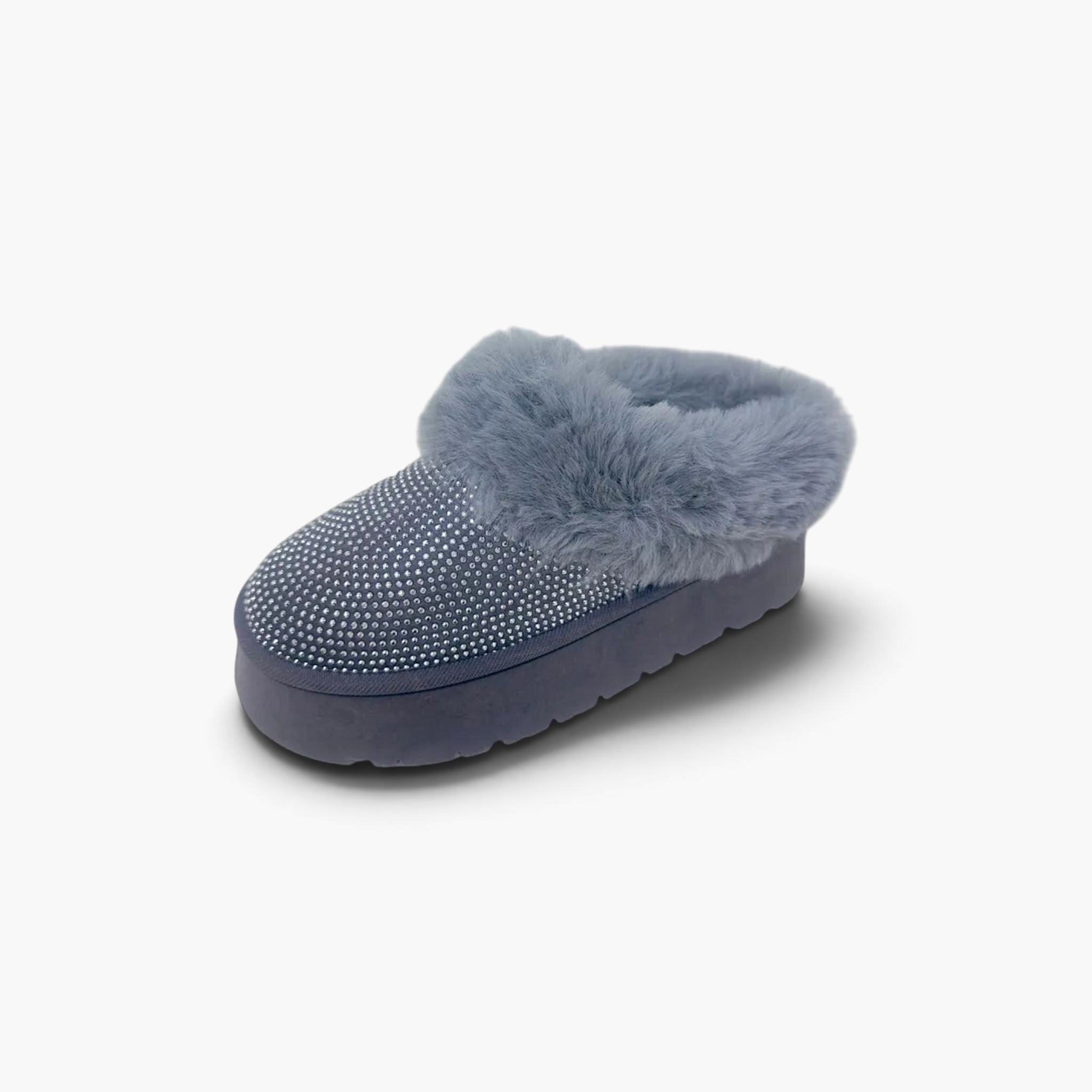 Beach Rose Co. grey suede platform booties featuring faux fur trim and rhinestone embellishments on the toe.