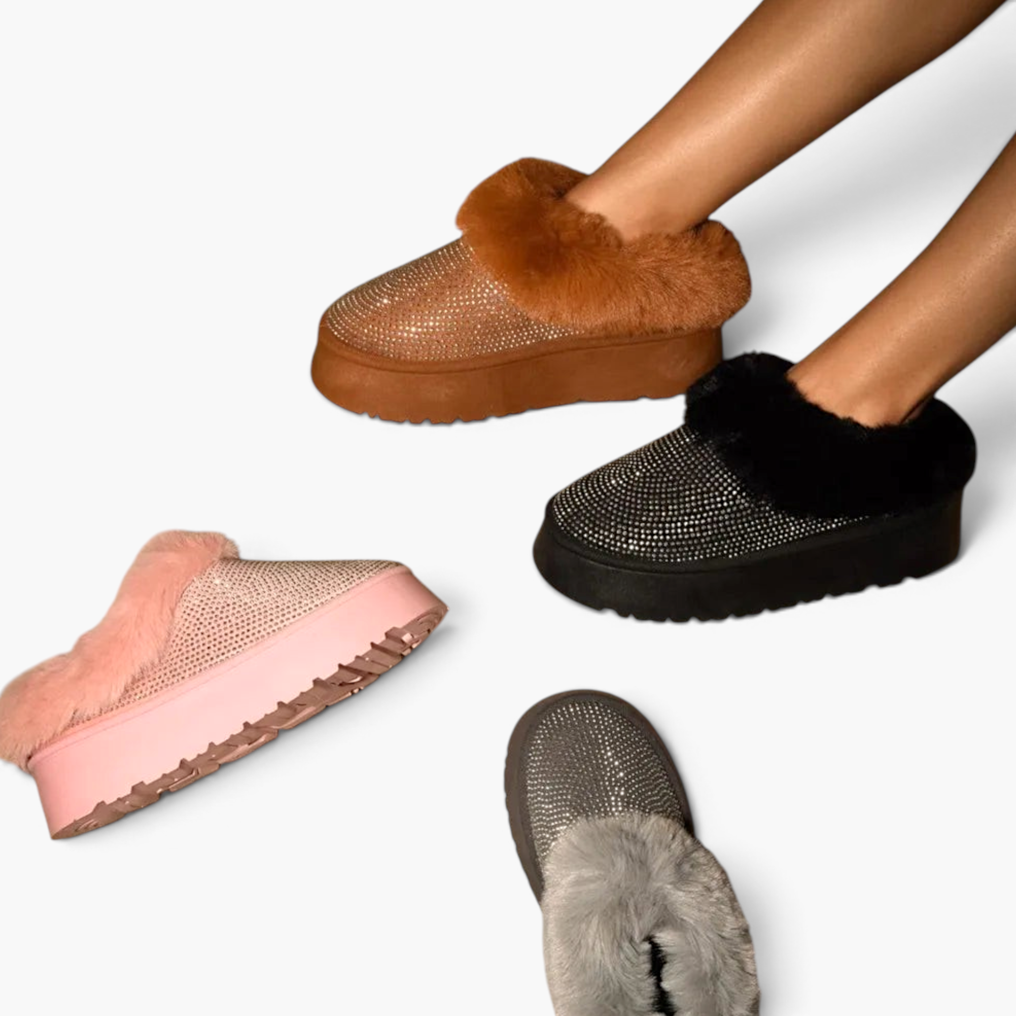 Beach Rose Co. WILD DIVA platform booties in pink, brown, black, and grey with faux fur and rhinestone embellishments