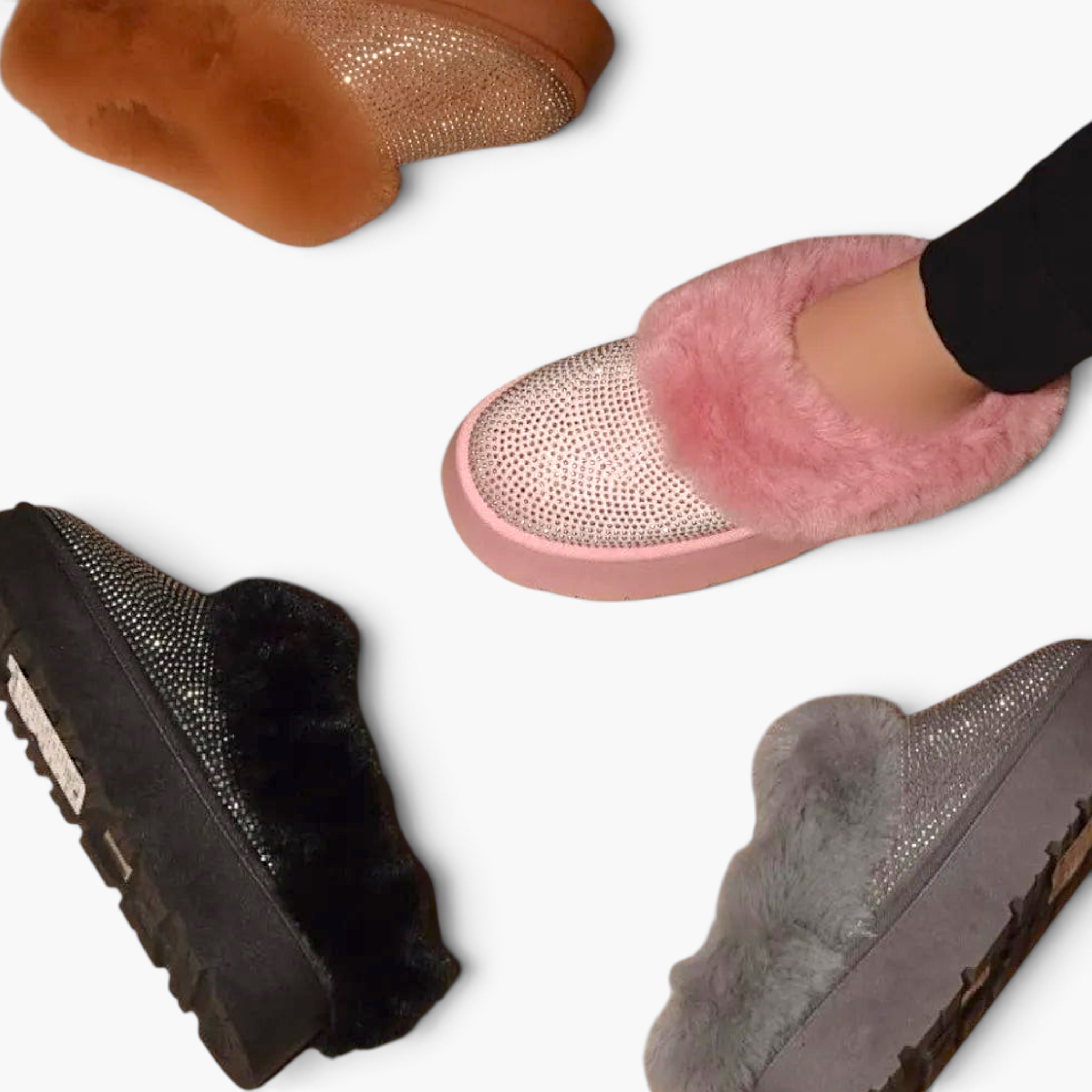 Beach Rose Co. WILD DIVA platform booties featuring faux fur, rhinestone embellishments, and rubber soles in four colors