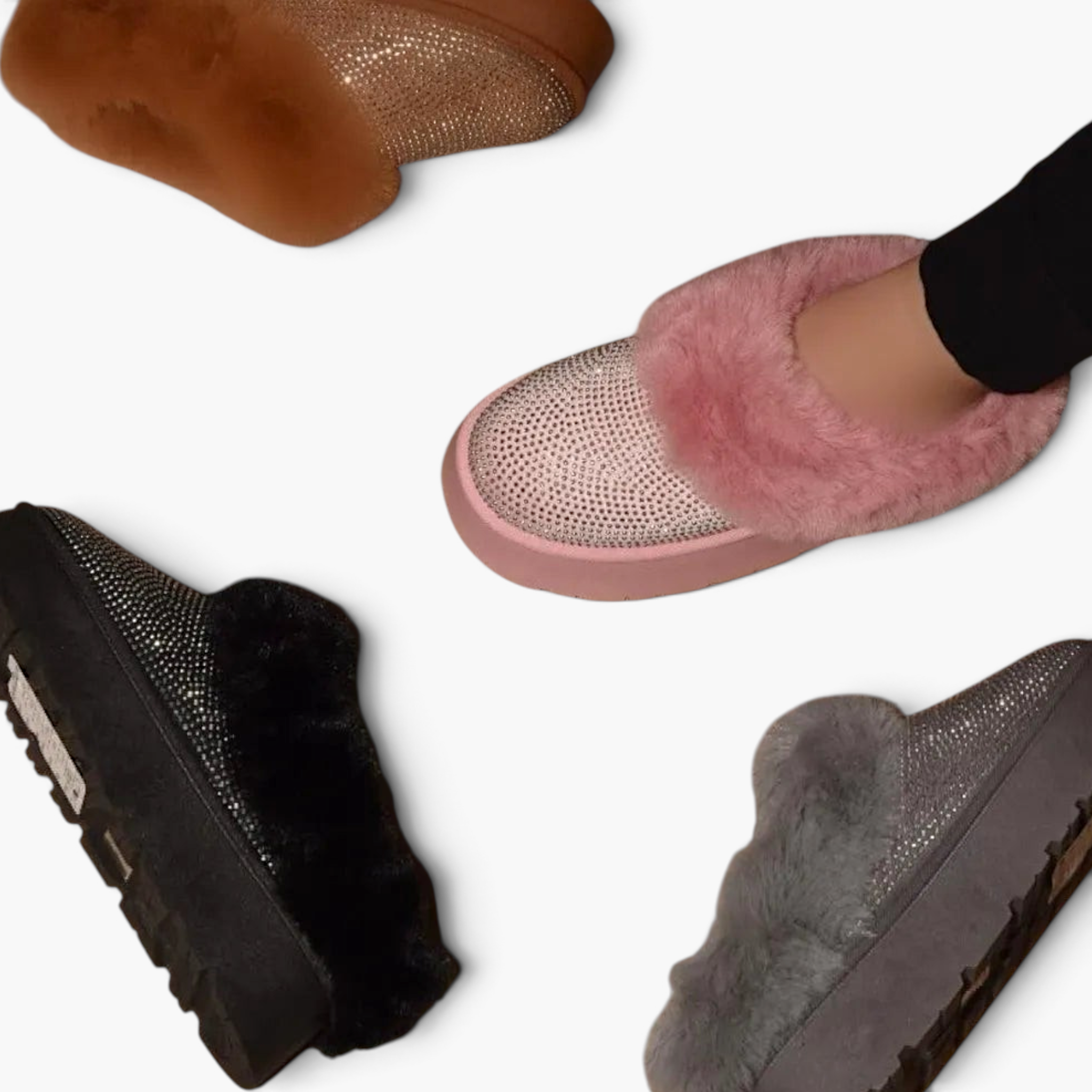 Beach Rose Co. WILD DIVA platform booties in black, pink, grey, and brown with faux fur and rhinestone embellishments.