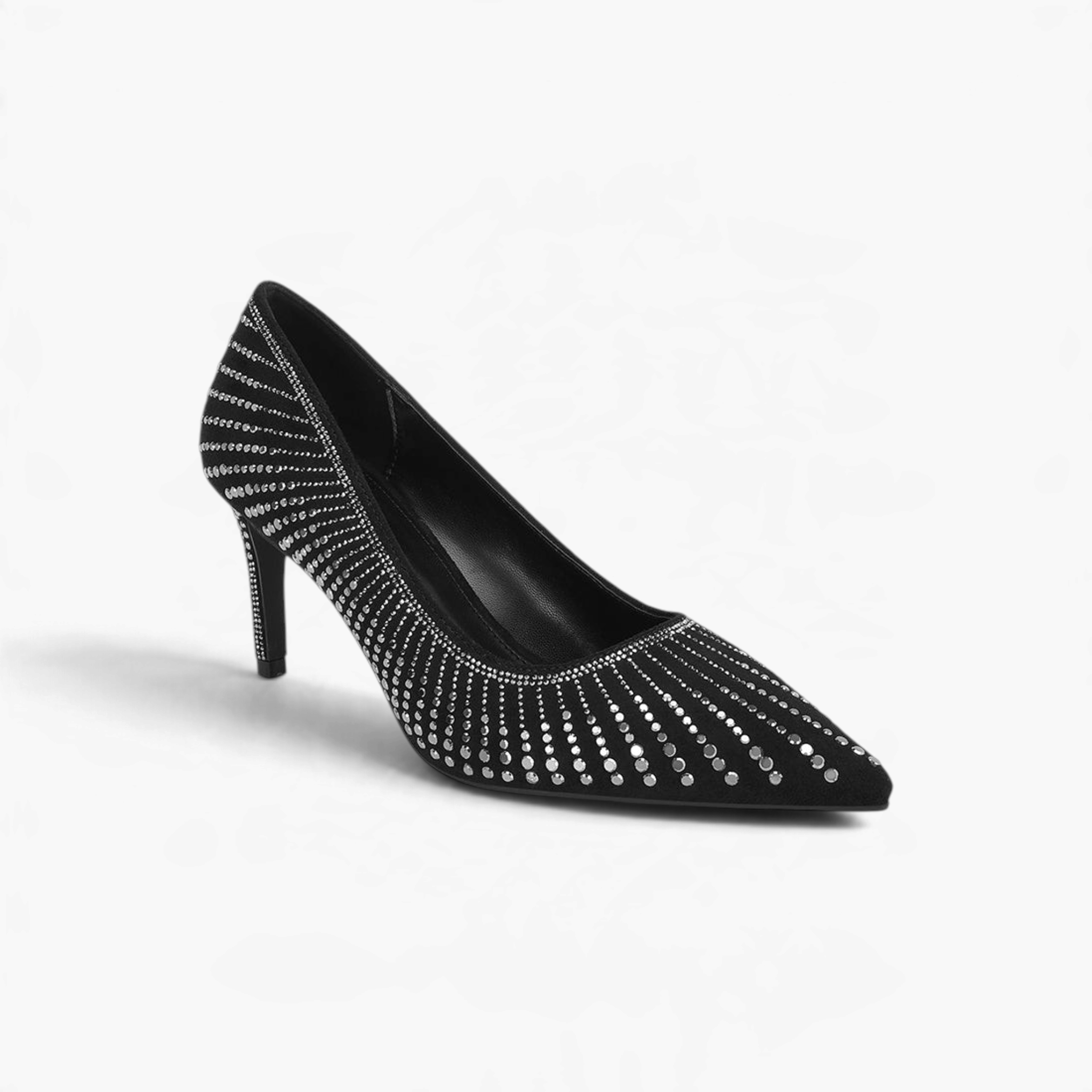 Beach Rose Co. black pointed-toe pumps featuring sweeping rhinestone embellishments and a 3-inch slim heel.