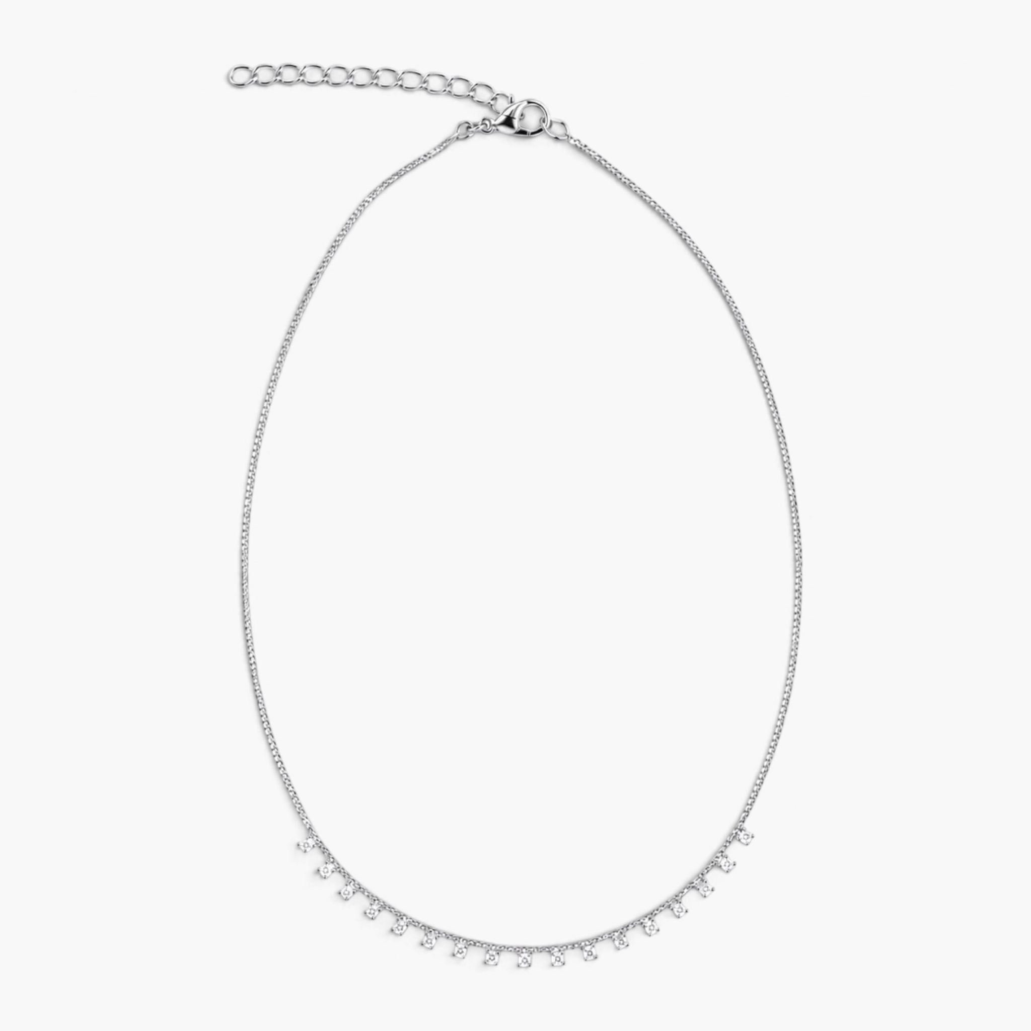 Beach Rose Co. rhodium finish choker necklace with delicate cubic zirconia drop accents and a lobster clasp.