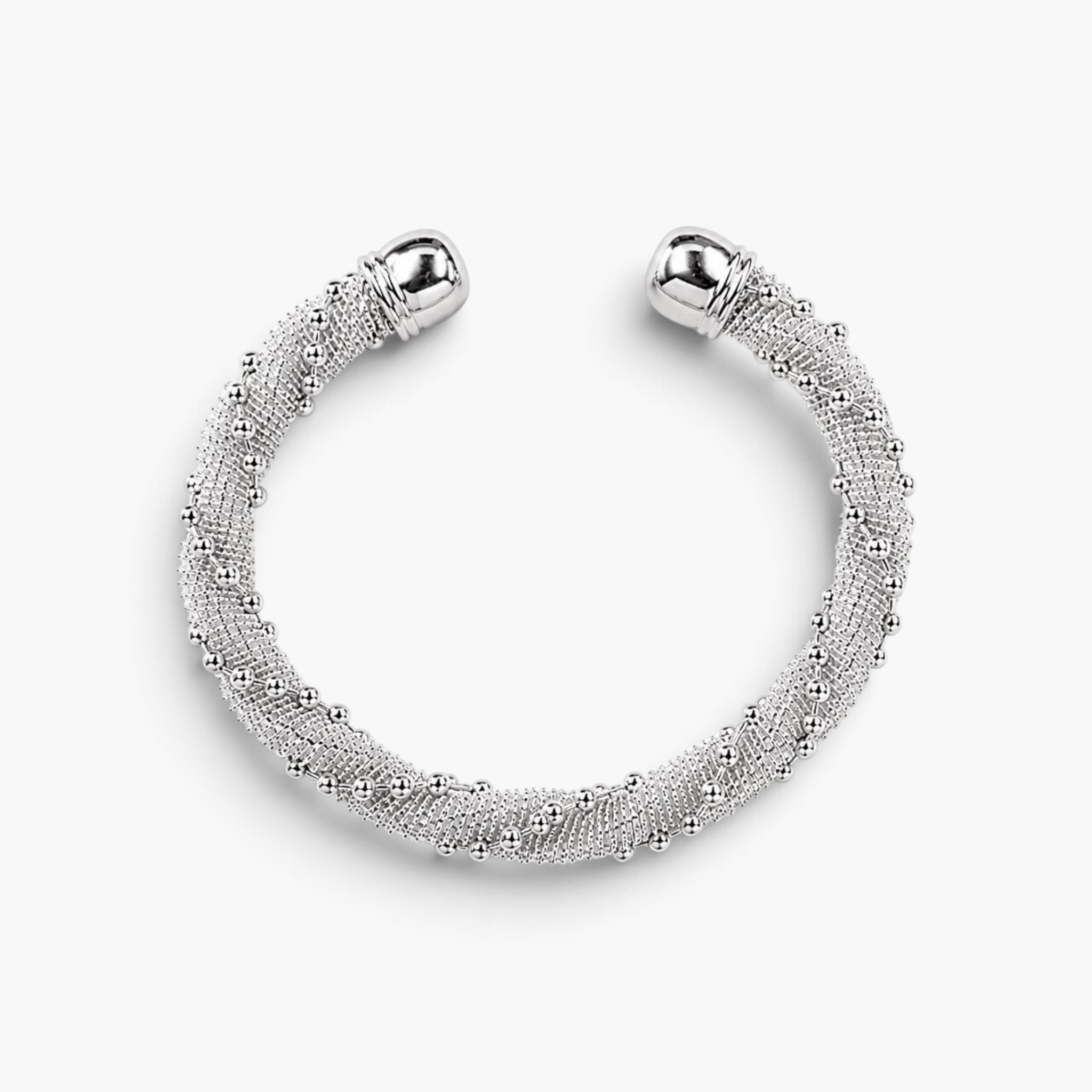 Beach Rose Co. rhodium open cuff bracelet featuring a fine mesh texture and scattered polished beads.