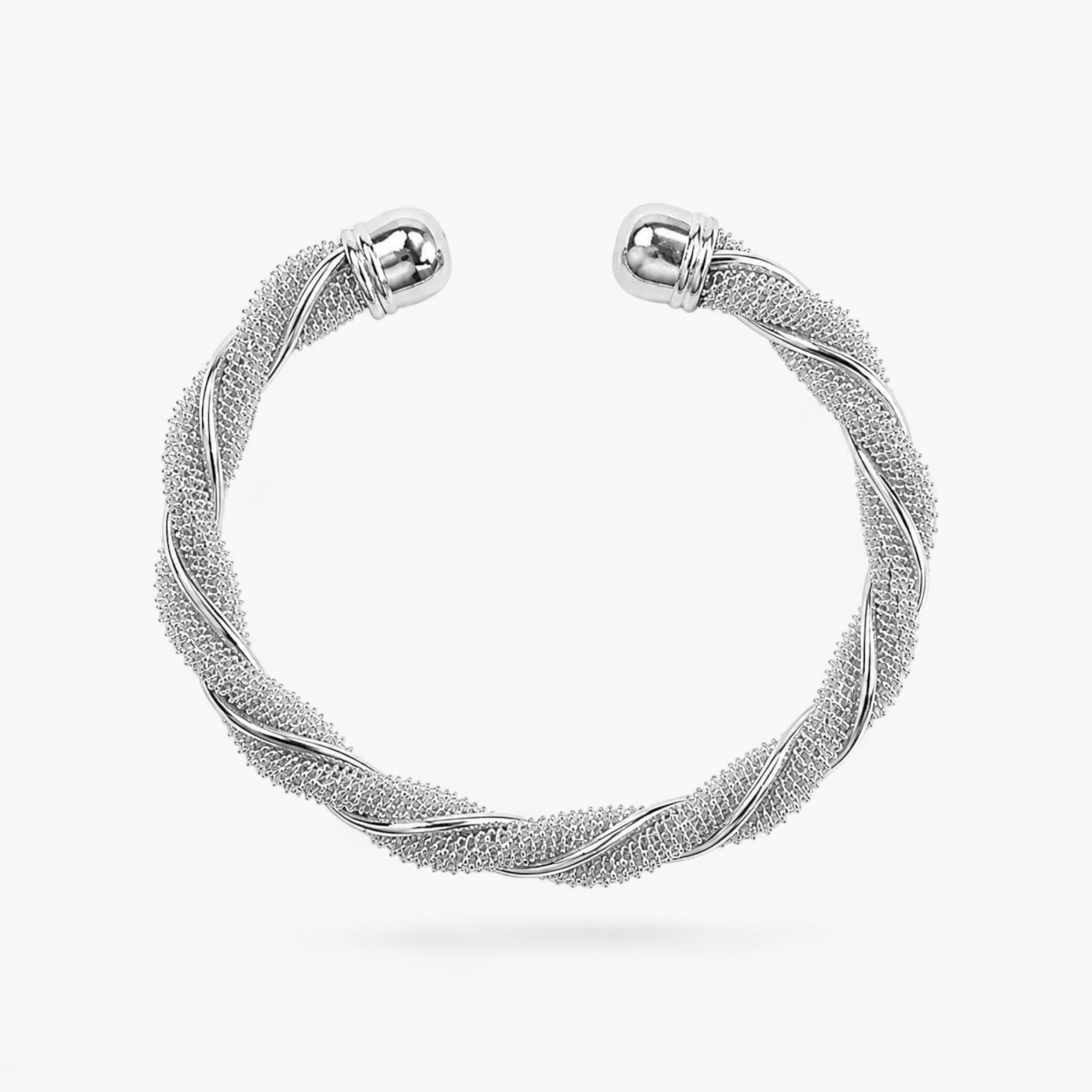 Beach Rose Co. rhodium open cuff bracelet with a polished twisted strand and textured mesh finish.