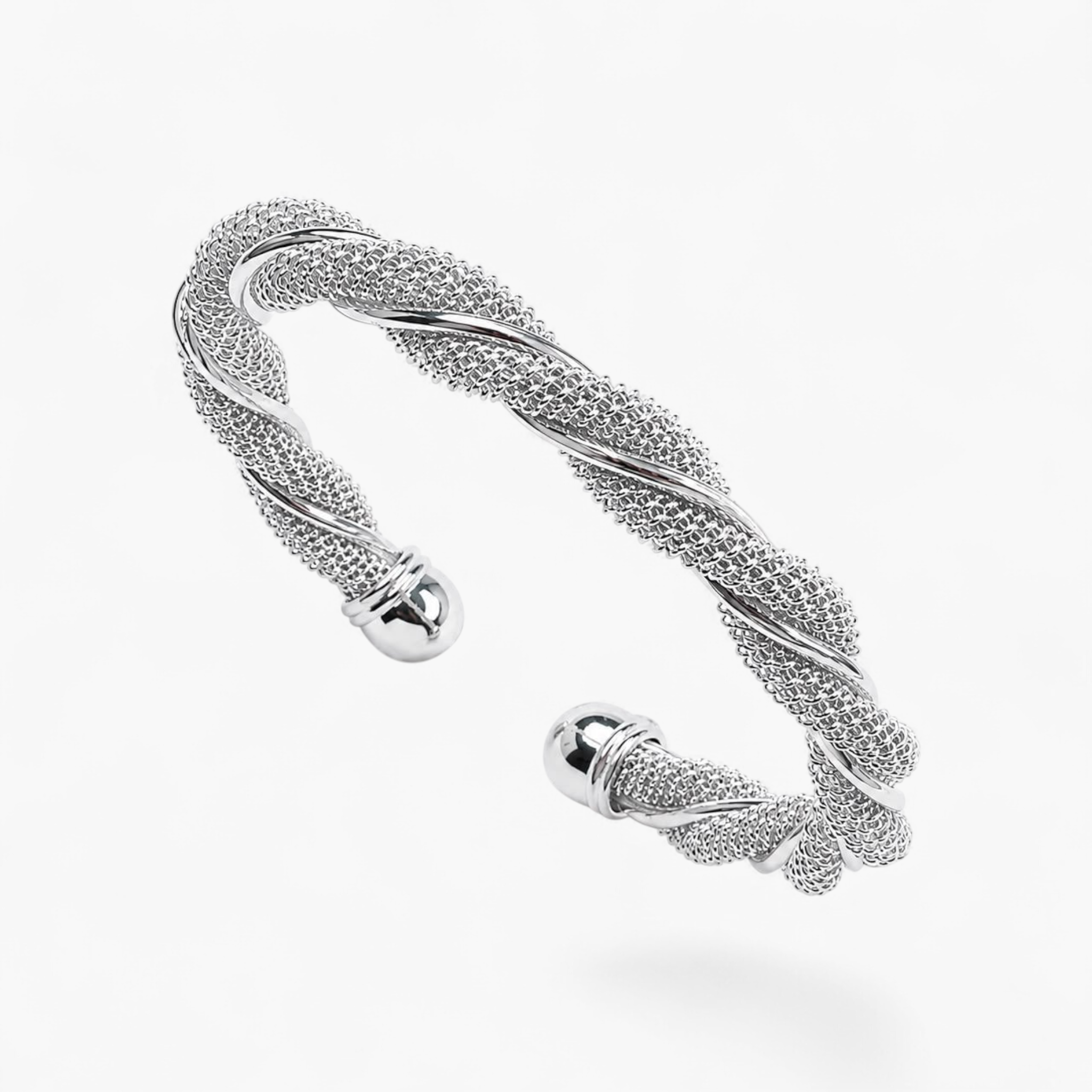 Beach Rose Co. rhodium open cuff bracelet with a polished twisted mesh texture and rounded ends.