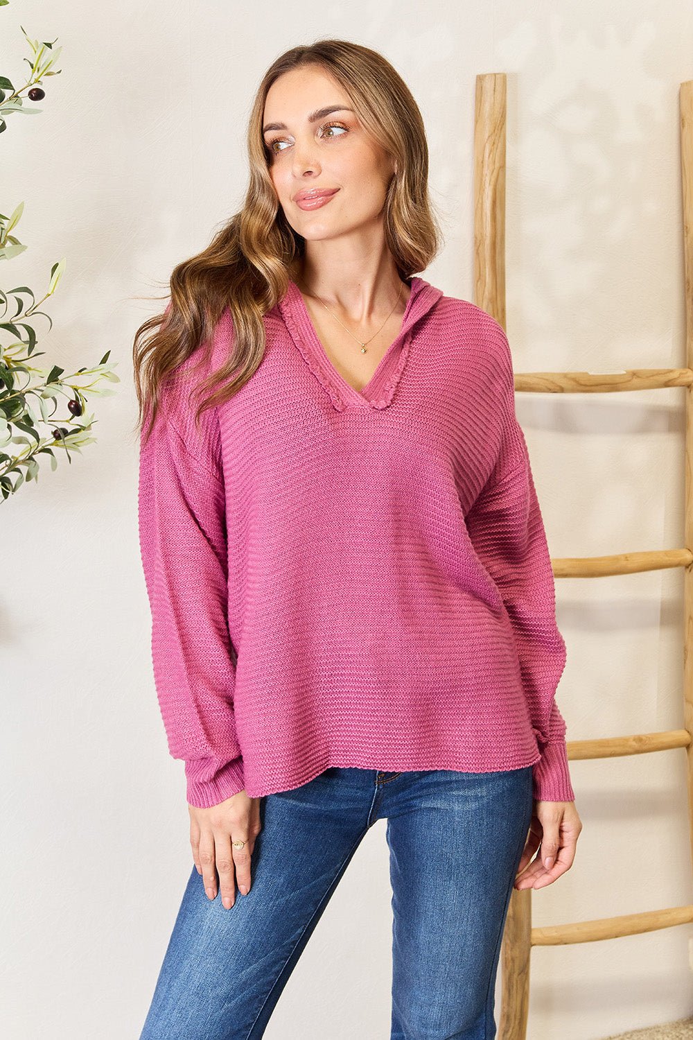 Beach Rose Co. - Rib Knit Fringed V - Neck Hooded Sweater in Pink Purple