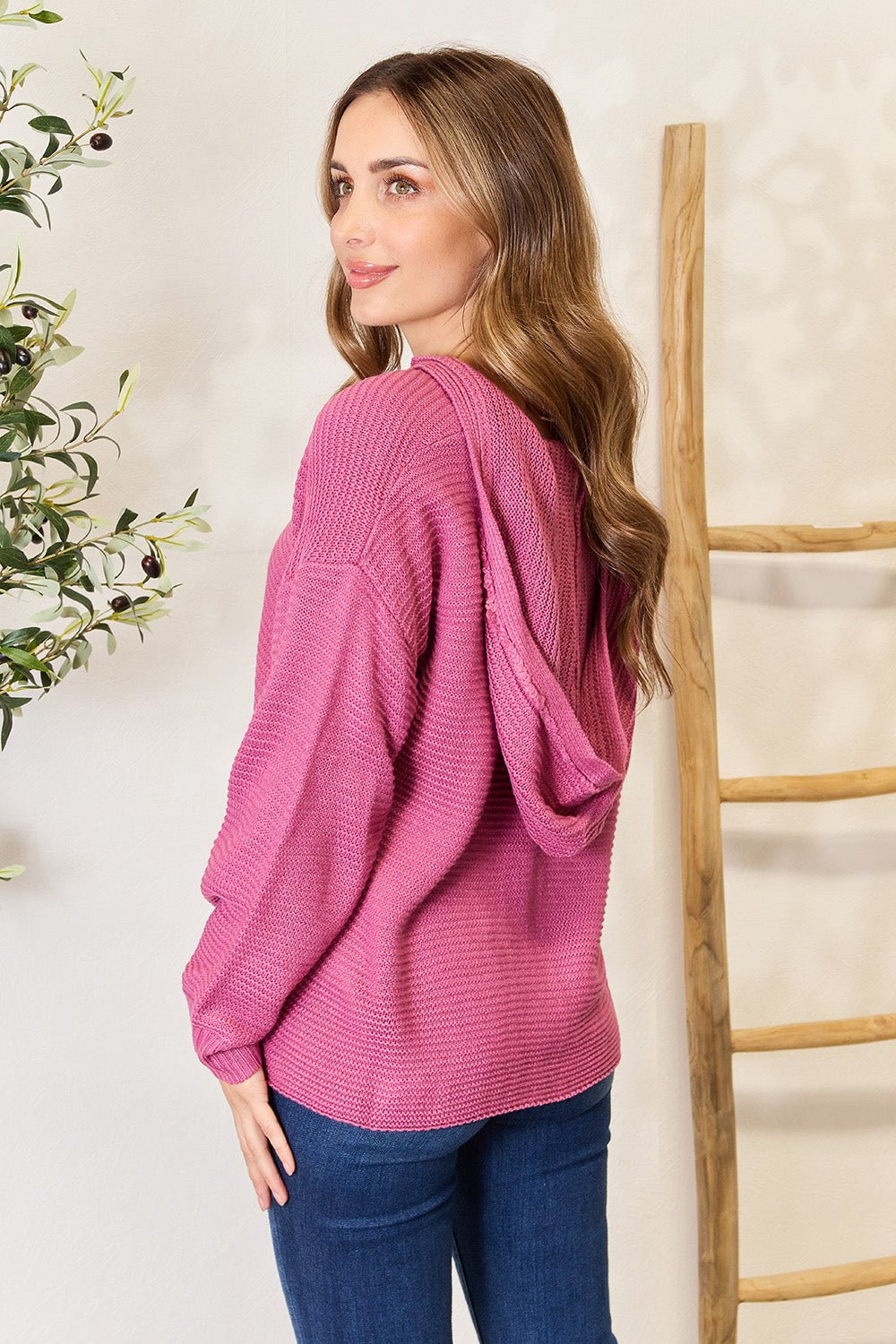 Beach Rose Co. - Rib Knit Fringed V - Neck Hooded Sweater in Pink Purple