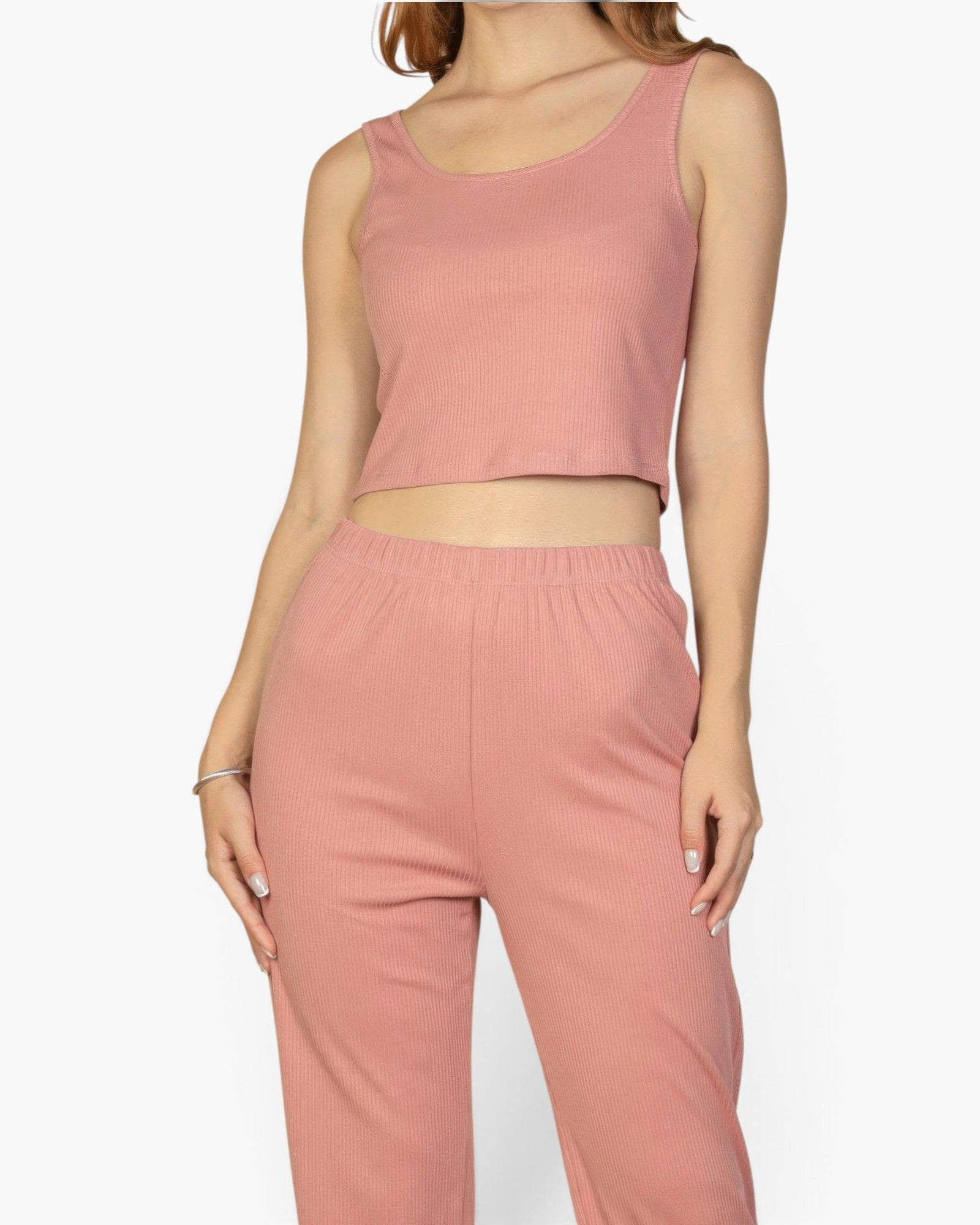 Beach Rose Co. rosewood ribbed cami top and matching straight-leg pants loungewear set on a model