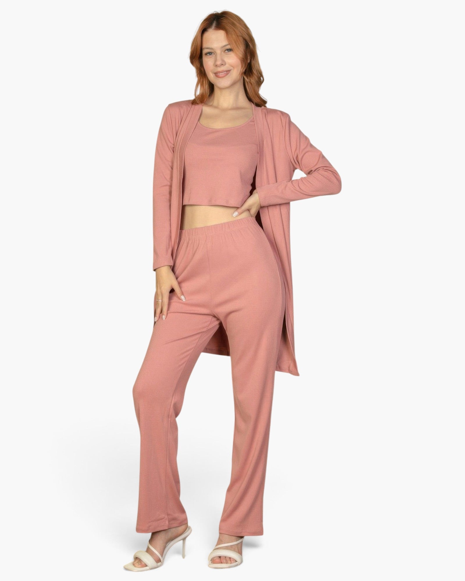 Beach Rose Co. rosewood 3-piece ribbed cami top, straight-leg pants, and long cardigan loungewear set on a model.
